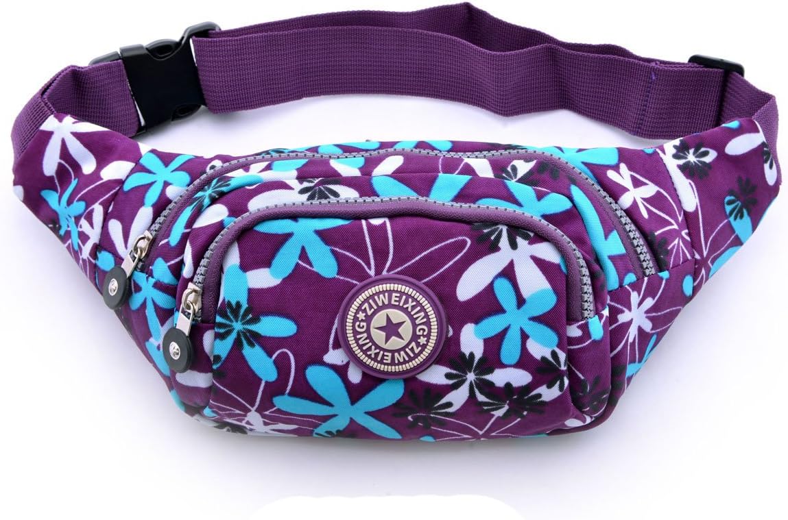 MedifierWomen's Portable Outdoor Sport Hiking Waist Pack Bum Bag Travel Pouch Waist Pocket (Purple with blue leaves)