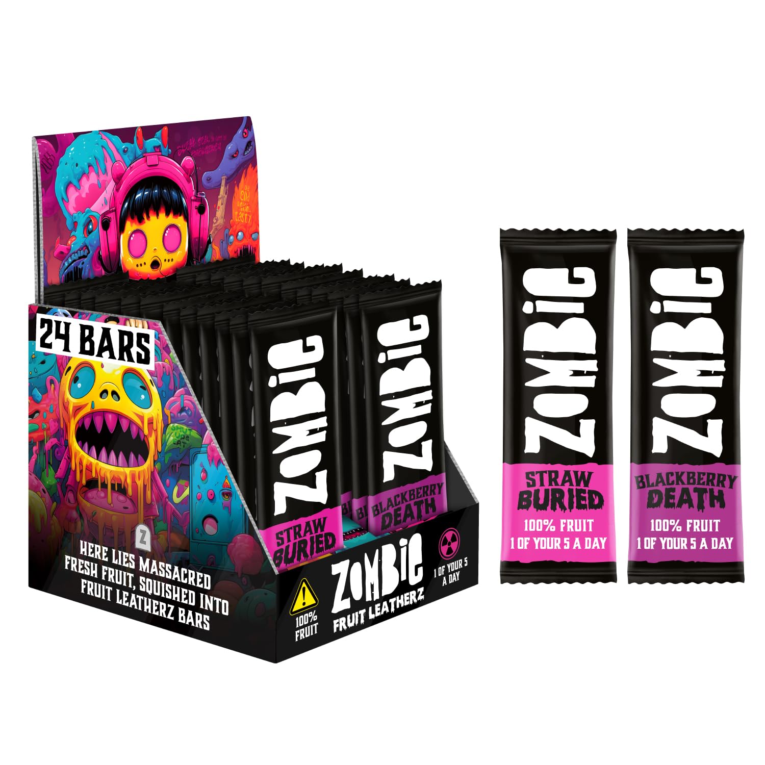 Zombie Fruit Bars, Strawberry & Blackberry (24 Bars, 2 Flavours), 100% Dried Fruit, Healthy Snacks for Adults, Kids, Low Calorie, Gluten Free, Vegan, Halal, Bulk, Real Fruit, No Added Sugar, Natural