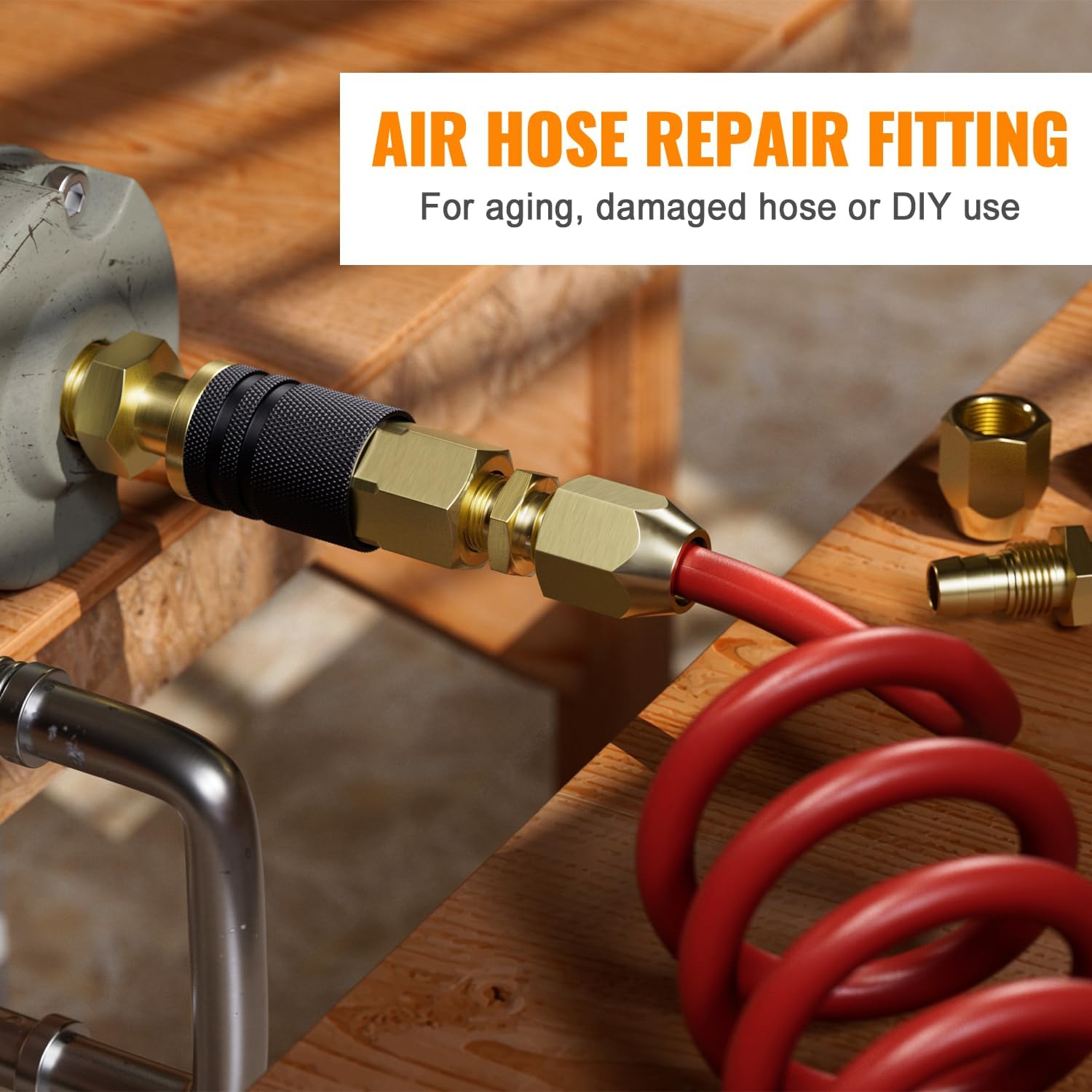 SUNGATOR 1/4 Inch Air Hose Repair Fittings, Reusable 1/4'' NPT Air Hose Splicers, 1/4'' Brass Barbed Compressor Repair Fittings for PU & PVC Hose with Sealing Tape (2 Pack)