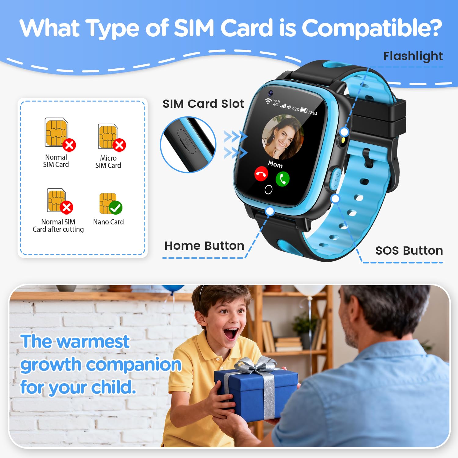 2026 Nuevo 4G Reloj Inteligente Niño con Videollamada & GPS, SOS, Chat de Voz, IP68 Impermeable, Modo Escuela, Podómetro, Despertador, Flashcard, Regalo para Niños y Niñas de 4 a 15 Años Azul — view 7