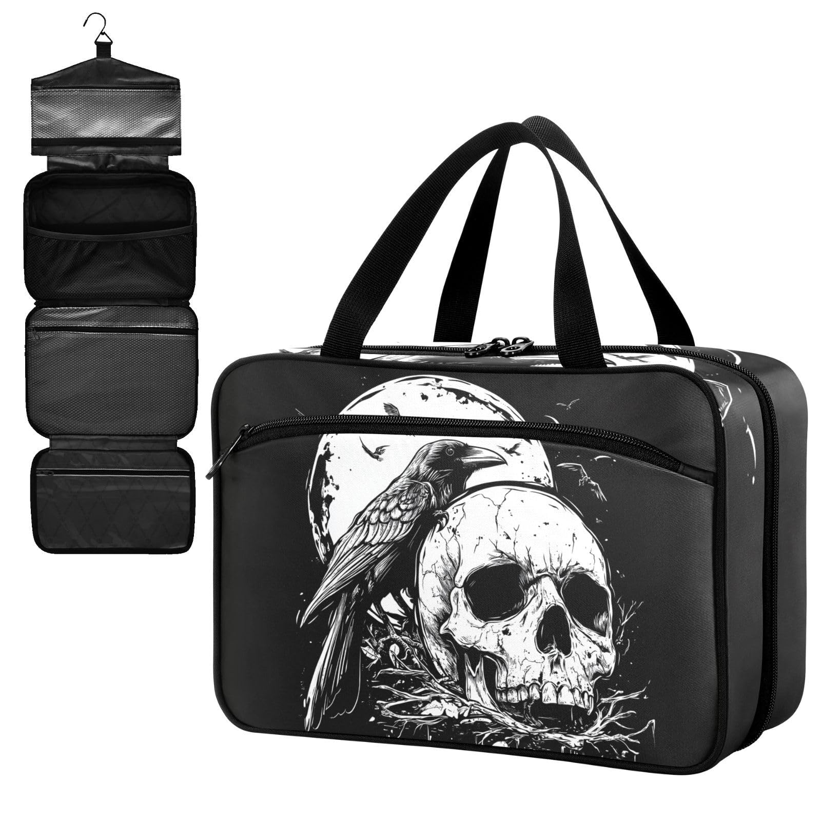 Fustylead Black and White Skull and Crow Large Medicine Bag Travel Pill Bottle Organizer with Zipper, Empty First Aid Bag for Camping Hiking Outdoors