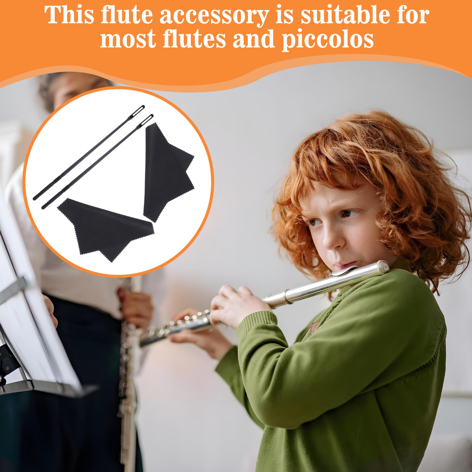 Yuanchu Kit de nettoyage pour flûte, 2 tiges de nettoyage pour flûte avec 2 chiffons de nettoyage pour flûte, chiffon de polissage et accessoires de nettoyage pour flûte, instruments de musique