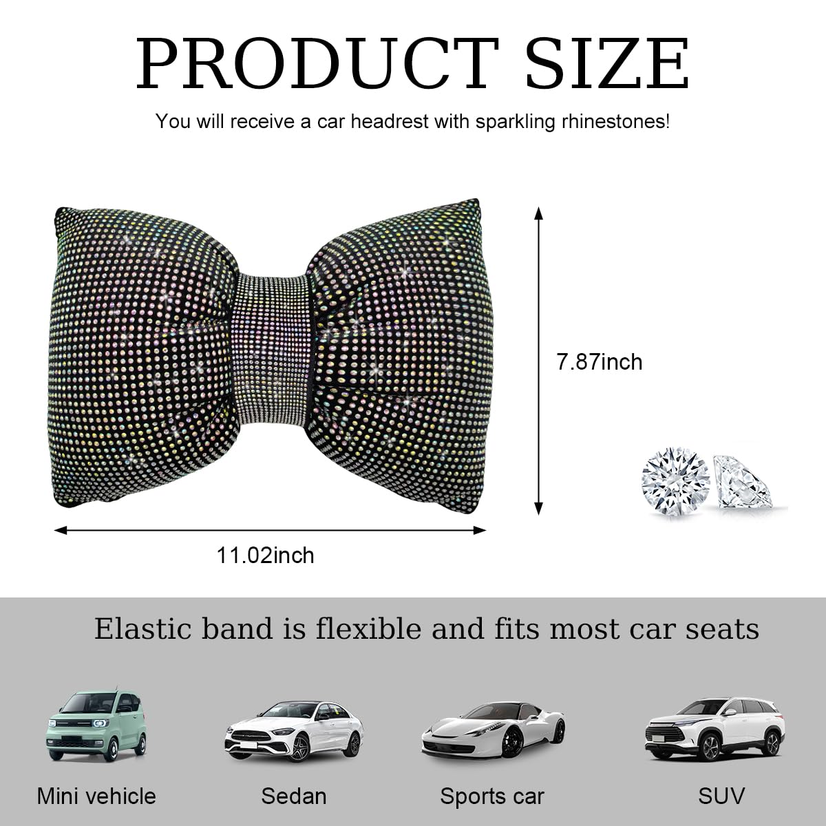 Yourkar Bling Car Seat Neck Pillow, Soft Bling Bowknot Headrest Neck Support Rest Cushion, Neck Relax Head Rest Auto Pillow with Crystal Rhinestone for Women, Car Accessories (Colorful)