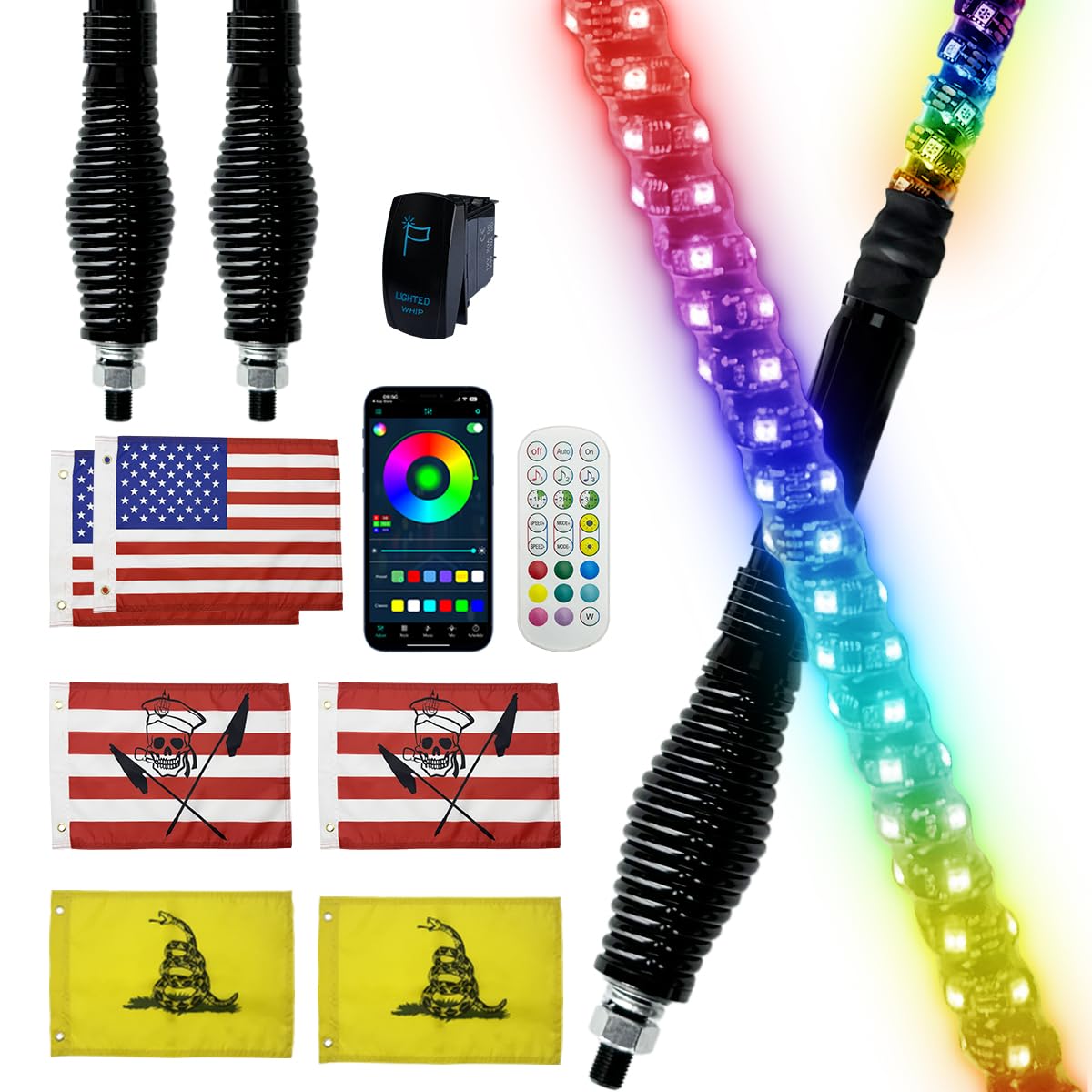 Photo 1 of 2 Pack 4ft LED Whip Lights with Spring Base, APP & Wireless Remote, LED Whip Lights for Side by Side Spiral RGB Chasing Lighted Music Whips with Rocker Switch for ATV UTV RZR Can-Am SXS Polaris