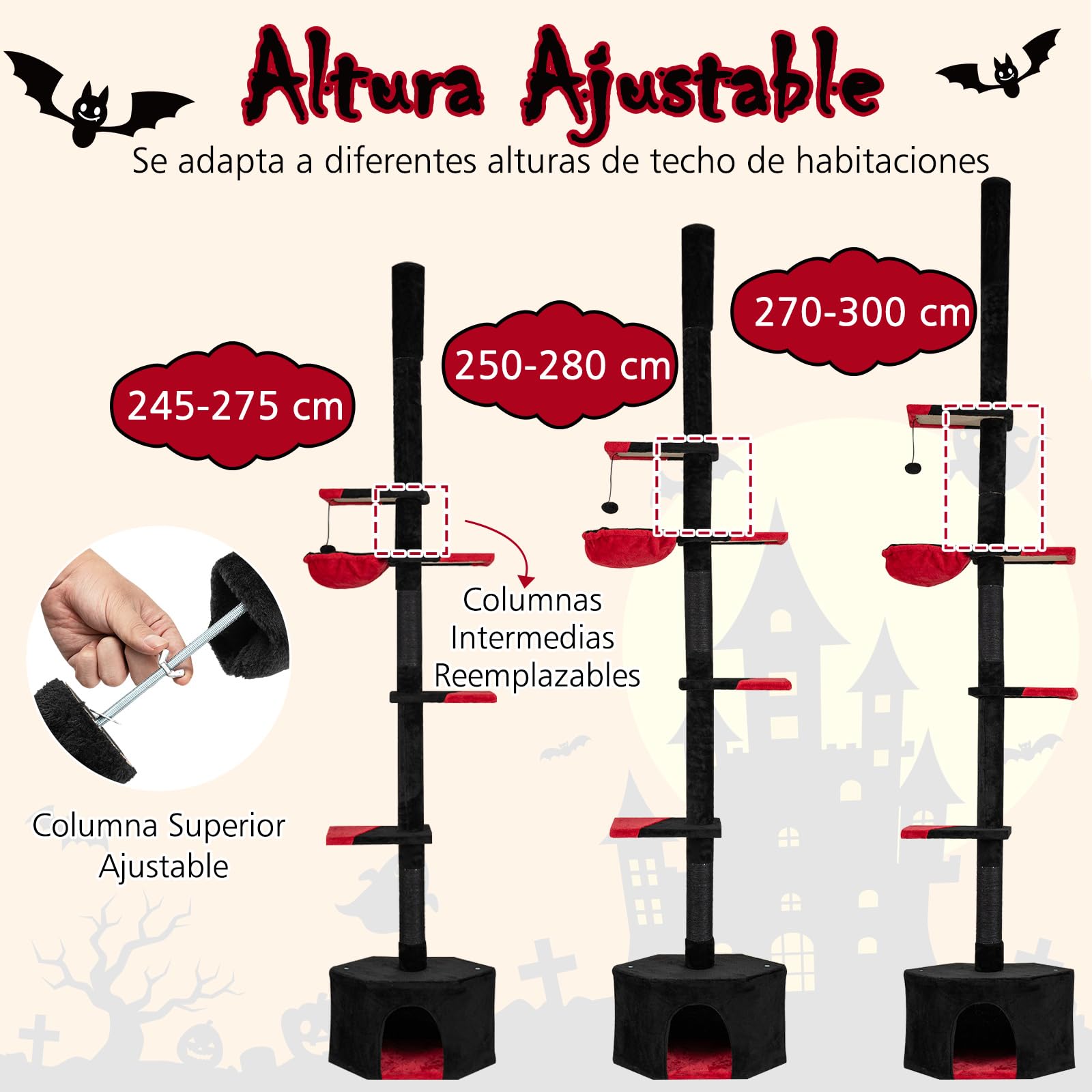 COSTWAY Árbol Rascador para Gatos Gótico de Suelo a Techo, Ajustable de 245-300 cm, Torre Alta de 5 Niveles con Caseta, Hamaca, Postes Rascadores de Sisal, Bola Colgante, Casa de Juegos para Gatitos