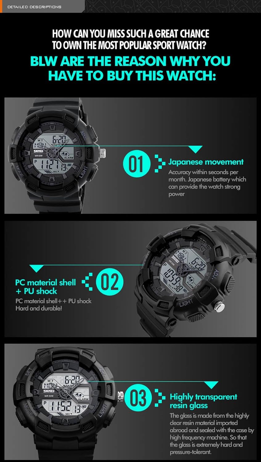 Detailed description of watch components: Japanese movement, PC material, resin glass