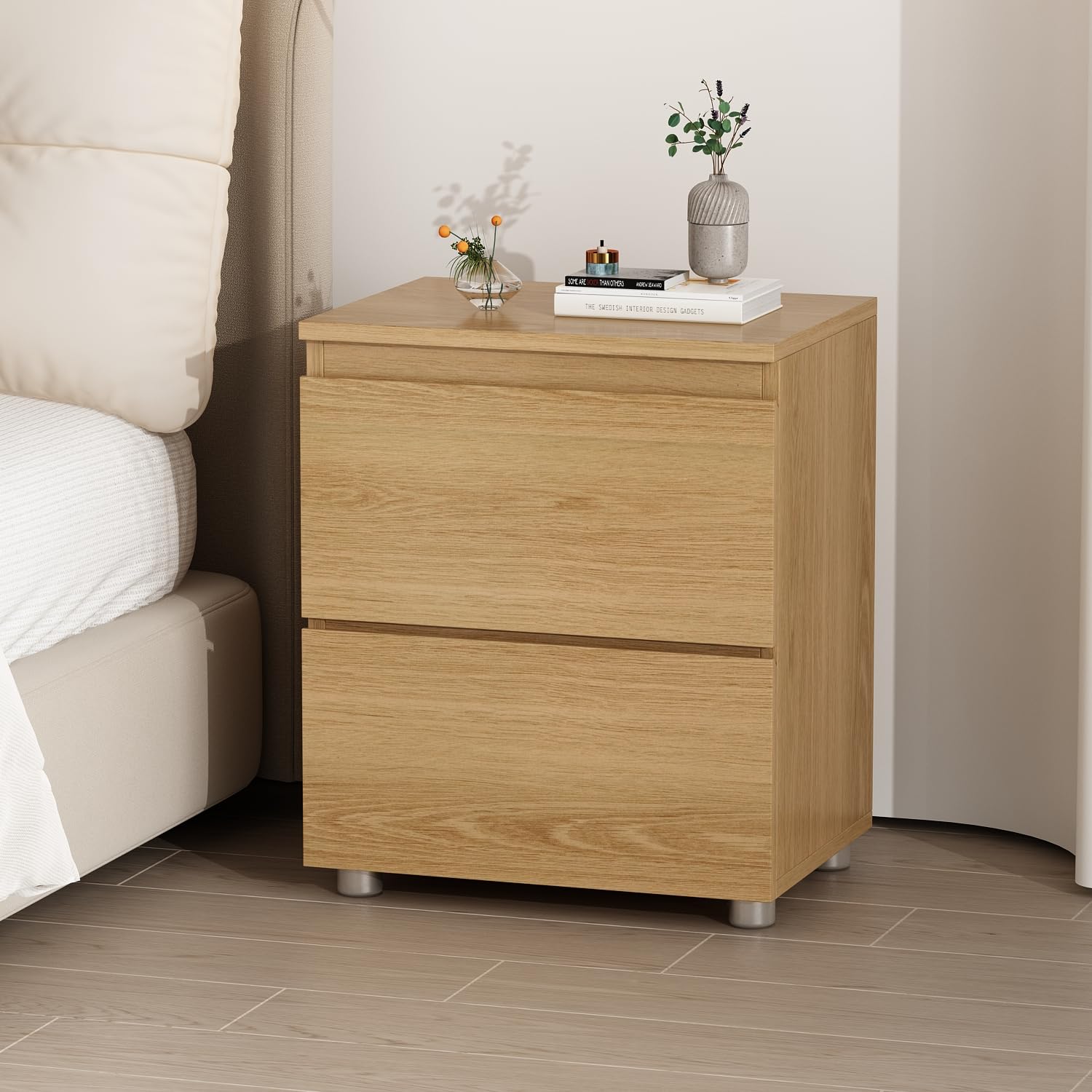 FUNISIR Nightstand with 2 Drawers, Modern Bedroom End Table with No Handle, Wooden Bedside Storage Cabinet, Wood Color 15.7" W x 18.9" H