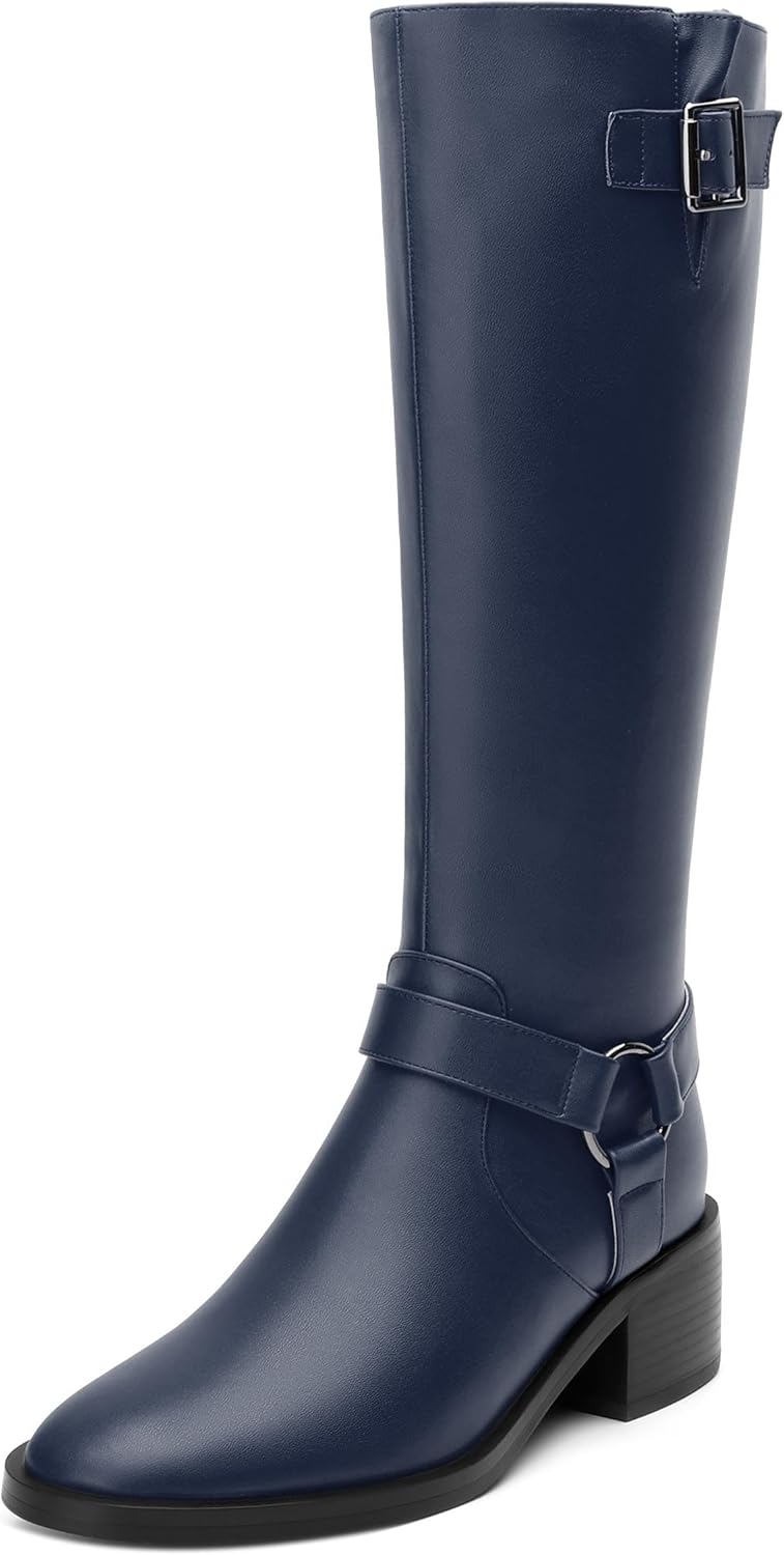 Women's Knee-High Boots, Round Toe Low Heel Knee High Boots for Women, Fashion Side Zip Knee High Bootie, Buckle Solid Knee High Boot for Daily Office Party