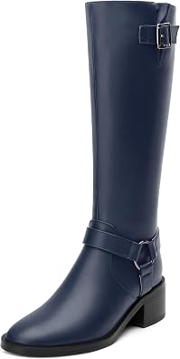 Womens Knee-High Boots, Round Toe Low Heel Knee High Boots for Women, Fashion Side Zip Knee High Bootie, Buckle Solid Knee High Boot for Daily Office Party
