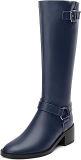 Women's Knee-High Boots, Round Toe Low Heel Knee High Boots for Women, Fashion Side Zip Knee High Bootie, Buckle Solid Knee High Boot for Daily Office Party