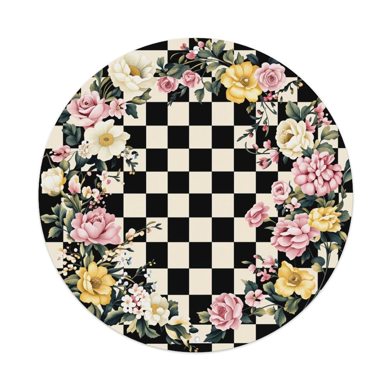 Floral Checkerboard Pattern Design Art Round Tin Sign Vintage Metal Poster, Home Bar Garage Man Cave Cafe Indoor & Outdoor Wall Decoration 8x8Inches