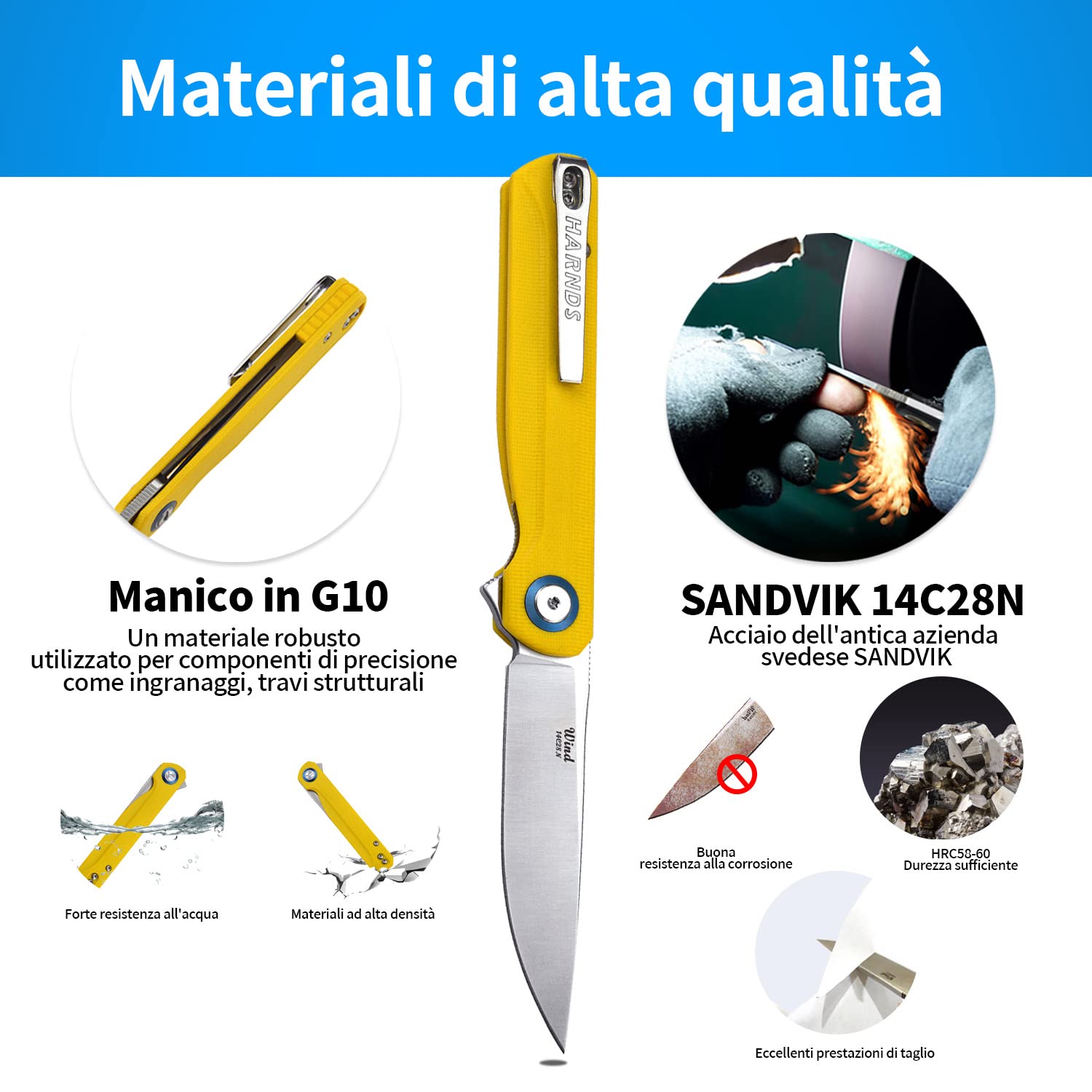 HARNDS Wind Coltello Pieghevole Tascabile Lama in Acciaio Sandvik con Manico G10, Coltello Serramanico Integrato Cuscinetto a Sfere per Caccia, Campeggio, Sopravvivenza(Giallo)