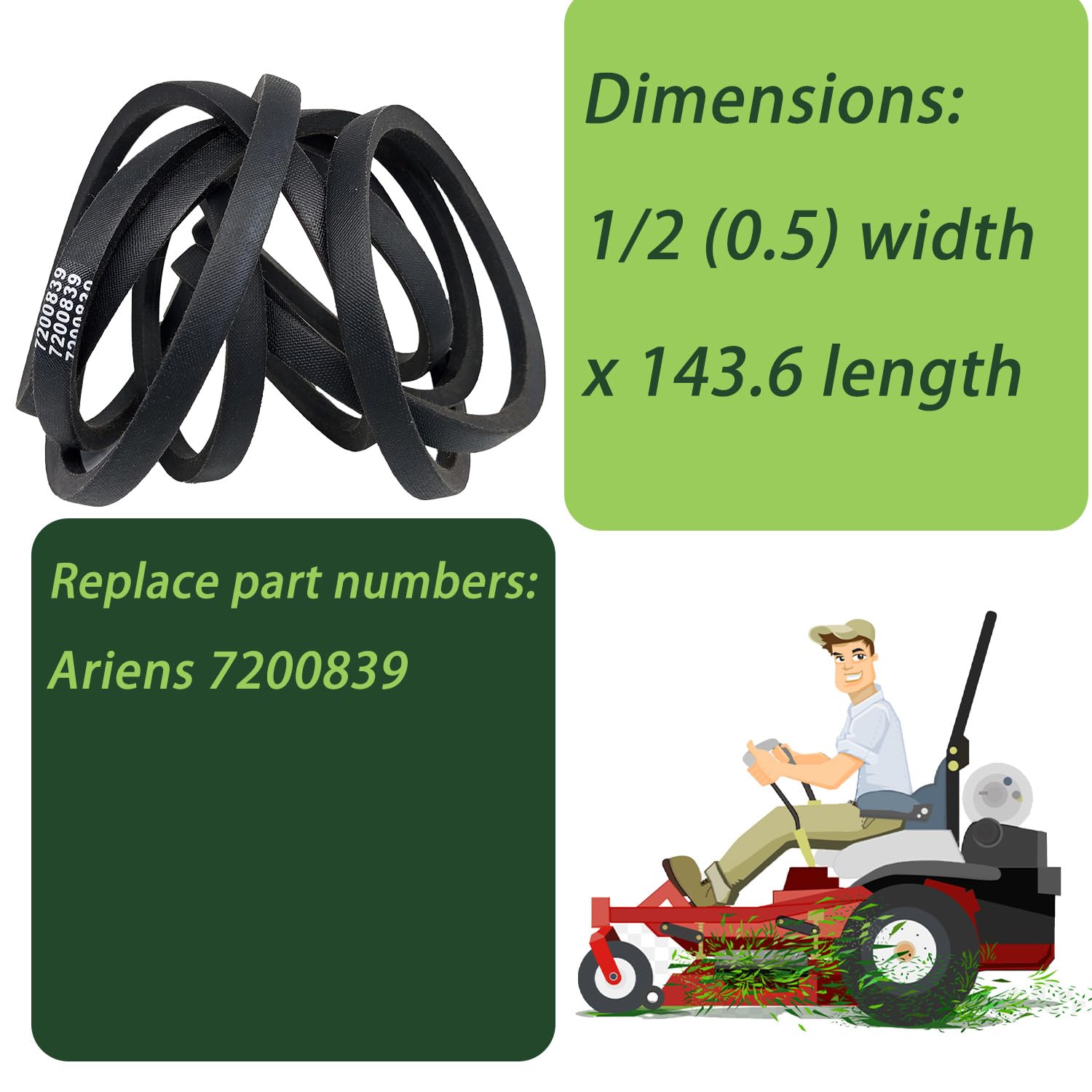 Mower Belt 7200839 1/2" x 143.6" for 915254 Ariens Edge 52" Zero-Turn Mower