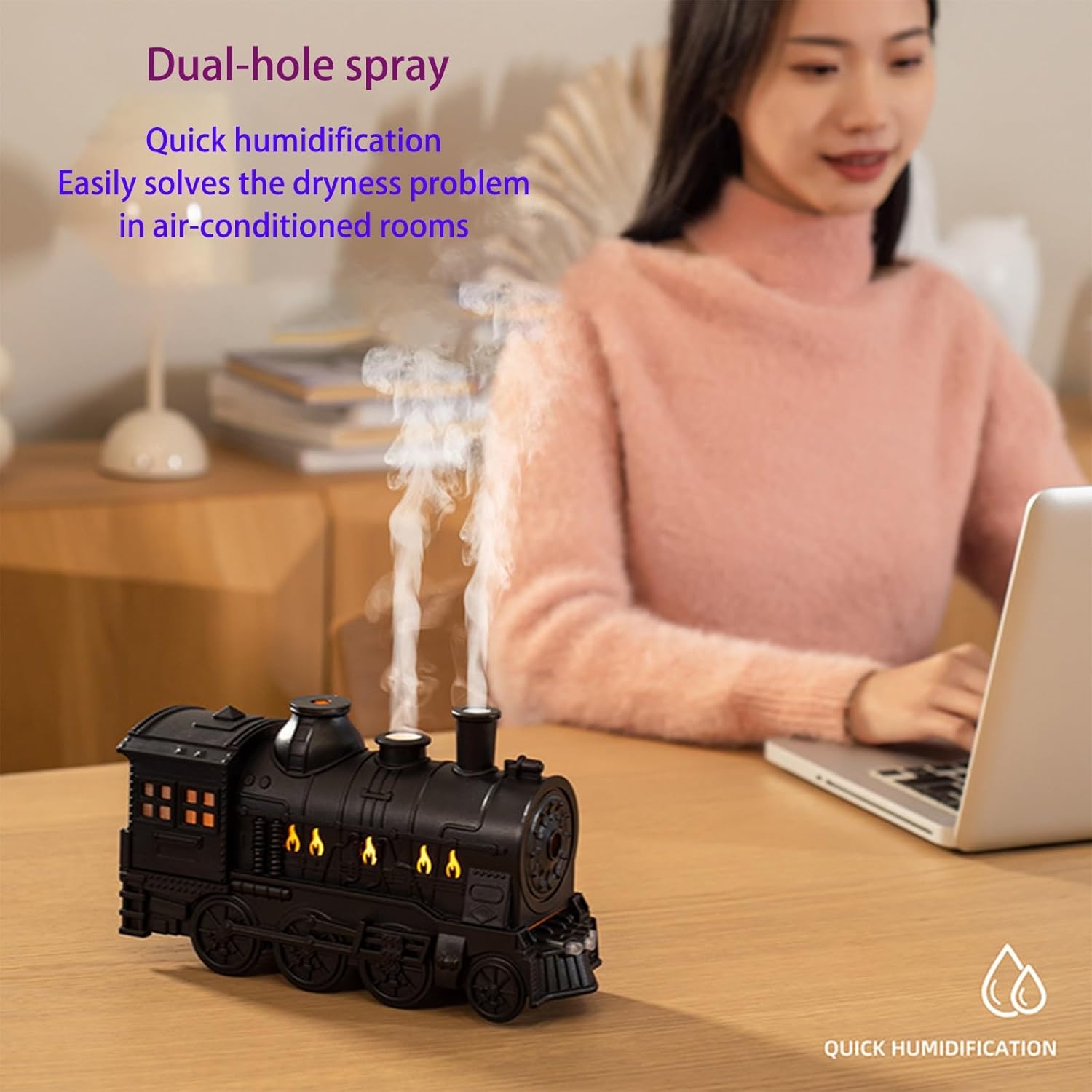 2026 New Christmas Train Humidifier, Essential Oil Diffuser,Update Dual Mist Outlets,with Remote Control 2 LED Color,300ml Aromatherapy Humidifier,with 2/8 Hours Timing Function(Gold)