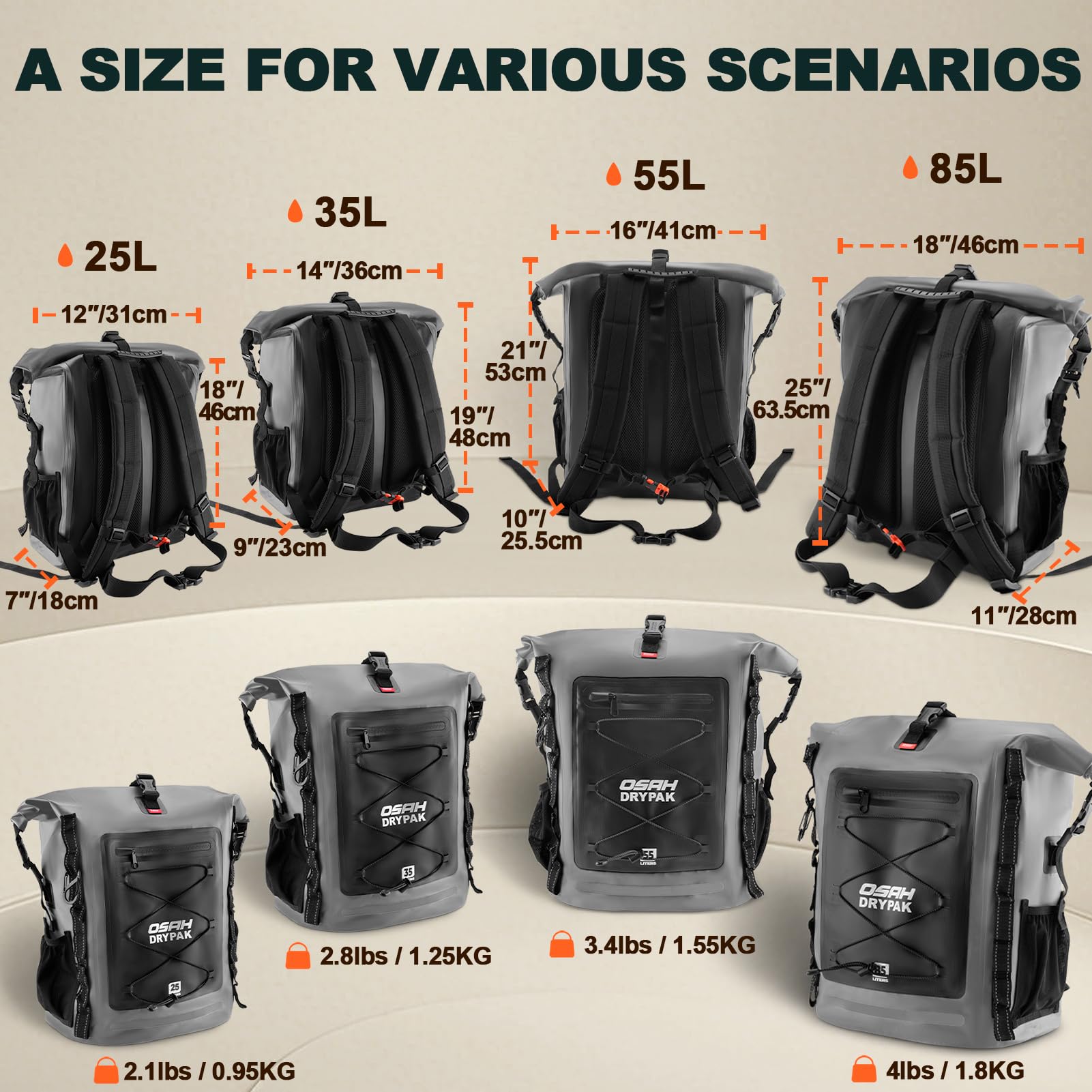 OSAH DRYPAK Zaino impermeabile Dry Bag – Roll-Top Zaino da trekking per viaggi, kayak, canottaggio, campeggio e pesca