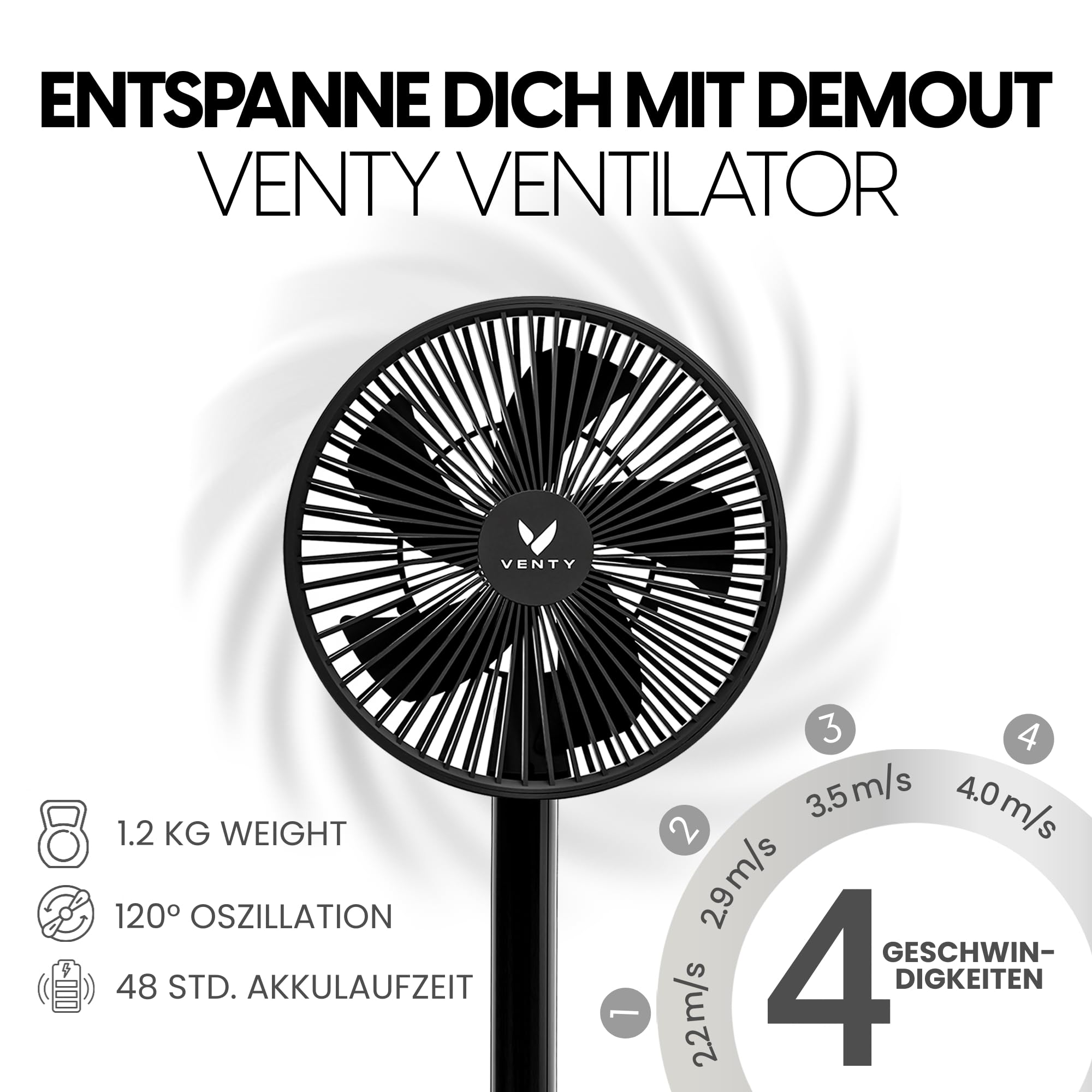 VENTY Tragbarer Ventilator - Faltbarer Ventilator Akku mit Transporttasche, Ladeanschluss und USB-Anschluss - 4 Geschwindigkeiten, Kompakt, Verstellbar - Mit LED Licht und Fernbedienung - Portable Fan