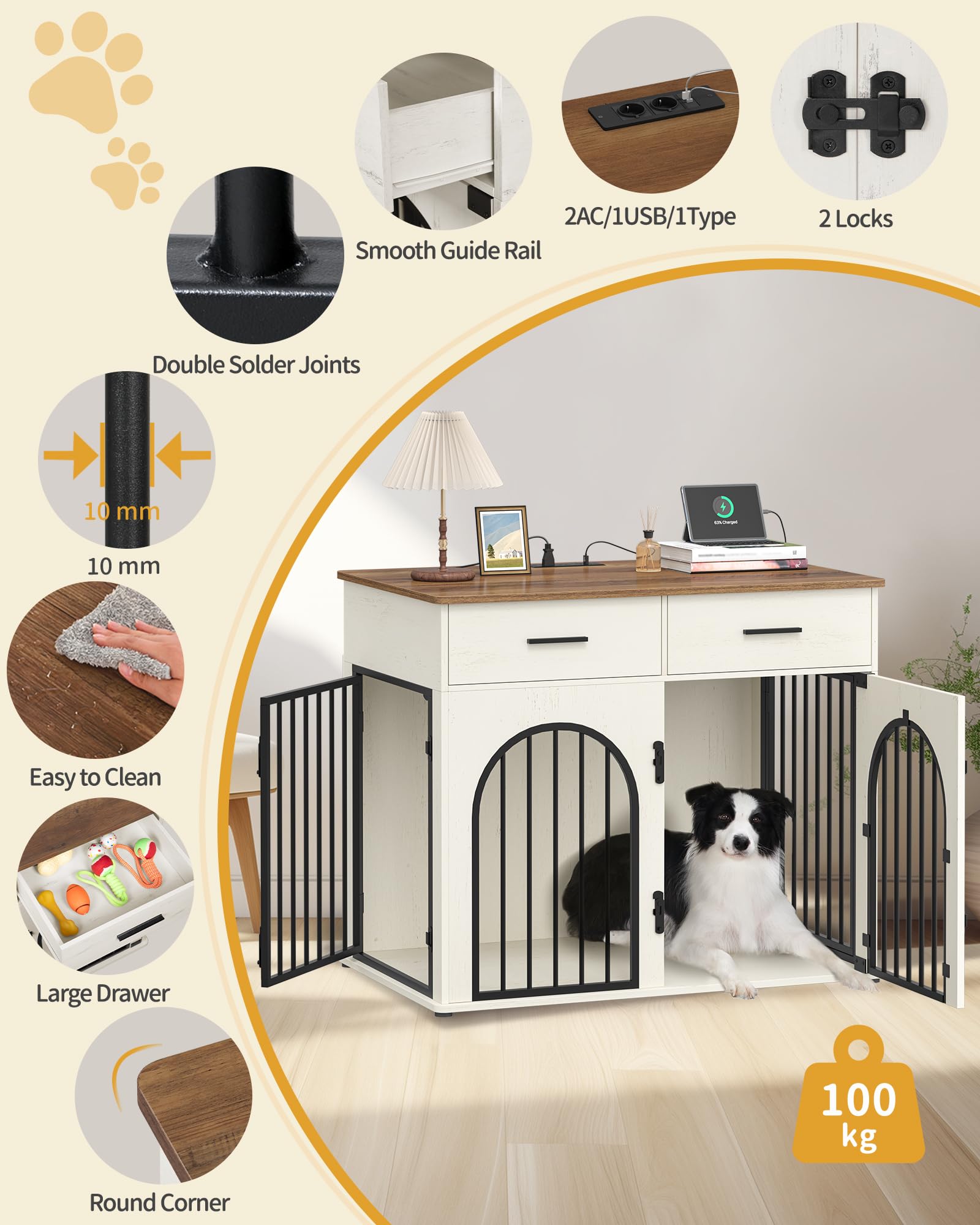 Hzuaneri 110 cm Cage pour Chien avec 2 Tiroirs de Rangement, Meuble Cage pour Chien d'intérieur avec Station de Charge, Heavy Caisse en Bois pour Chiens de Taille Grande, Blanc et Marron DFC88214BEU