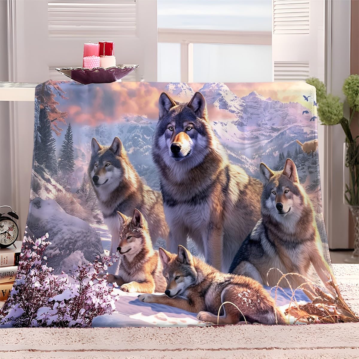 Générique Plaid Couverture Extra Doux 220x240 cm Loup Animal De Montagne De Neige Couvre-lit Multi-usages Canapé, Plaid pour lit, Couverture Foulard Doux et Chaude Plaid Canapé Flanelle