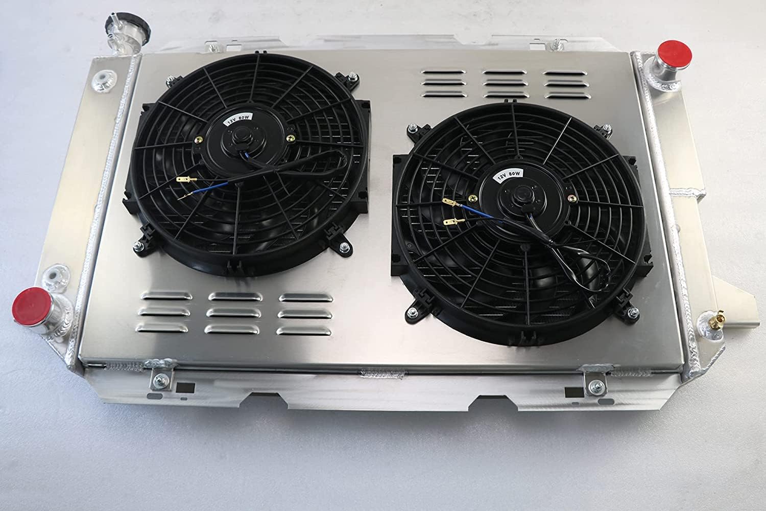 62MM 4 Row Aluminum Radiator Replacement for 1985-1997 Ford F Super Duty Bronco F150 F250 F350 F53 5.0 5.8 7.3 7.5 V8 Radiators with Electric Fan Shroud Thermostat Kit
