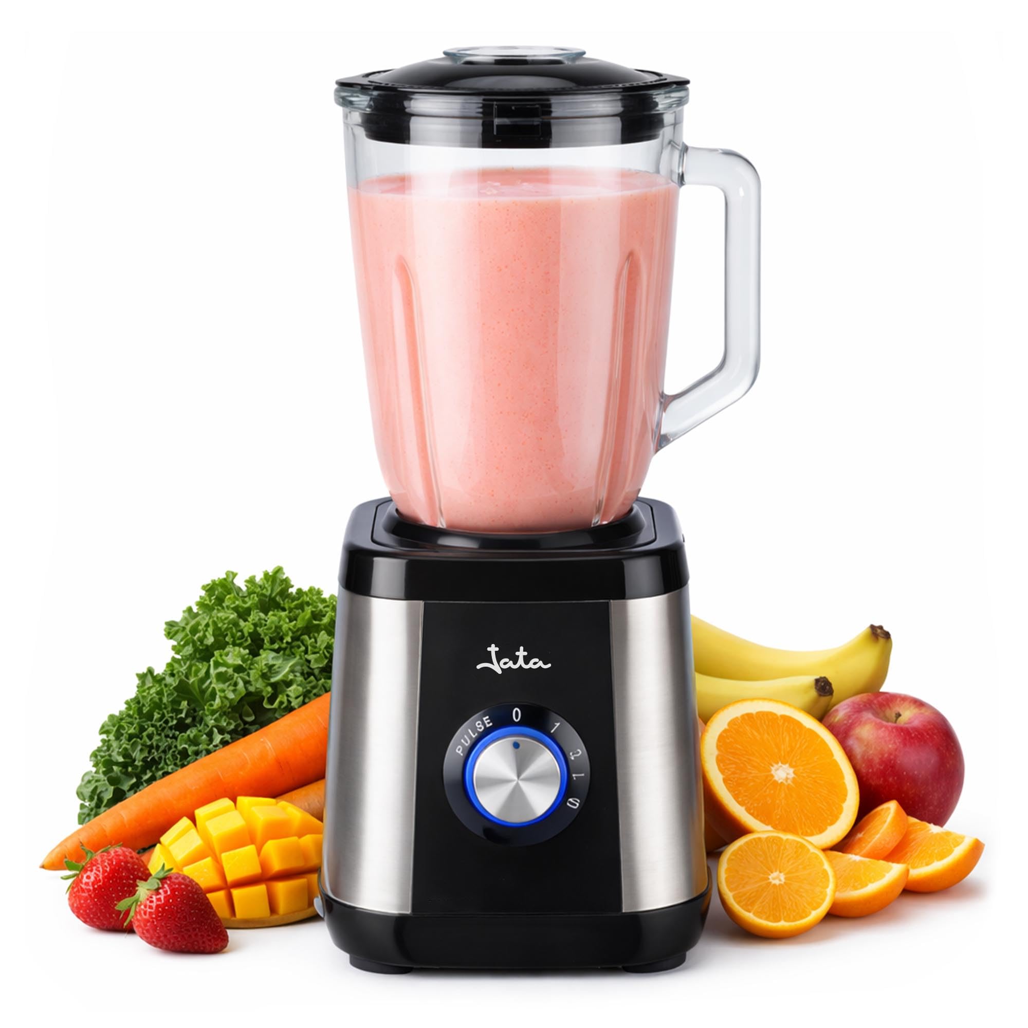 Jata BT604N - Batidora de Vaso 1300W con Jarra de Cristal 1,5L, Pica Hielo, 2 Velocidades + Pulse, Cuchilla Acero Inox, Cuerpo Acero Inoxidable, 17.000 RPM