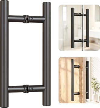 Ranbo 12" Overall Length Anti-Fingerprint Matte Black Back-to-Back Door Pull Handle, 7-7/8" 200 mm Hole Spacing, 1.2 mm 304 Stainless Steel for Shower Glass, Barn and Wood Doors