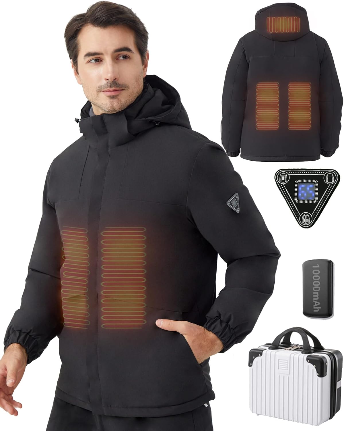Heated Jackets for Men with Battery, Men's Heated Jacket, Waterproof, Heated Coat for Men, Detachable Hood