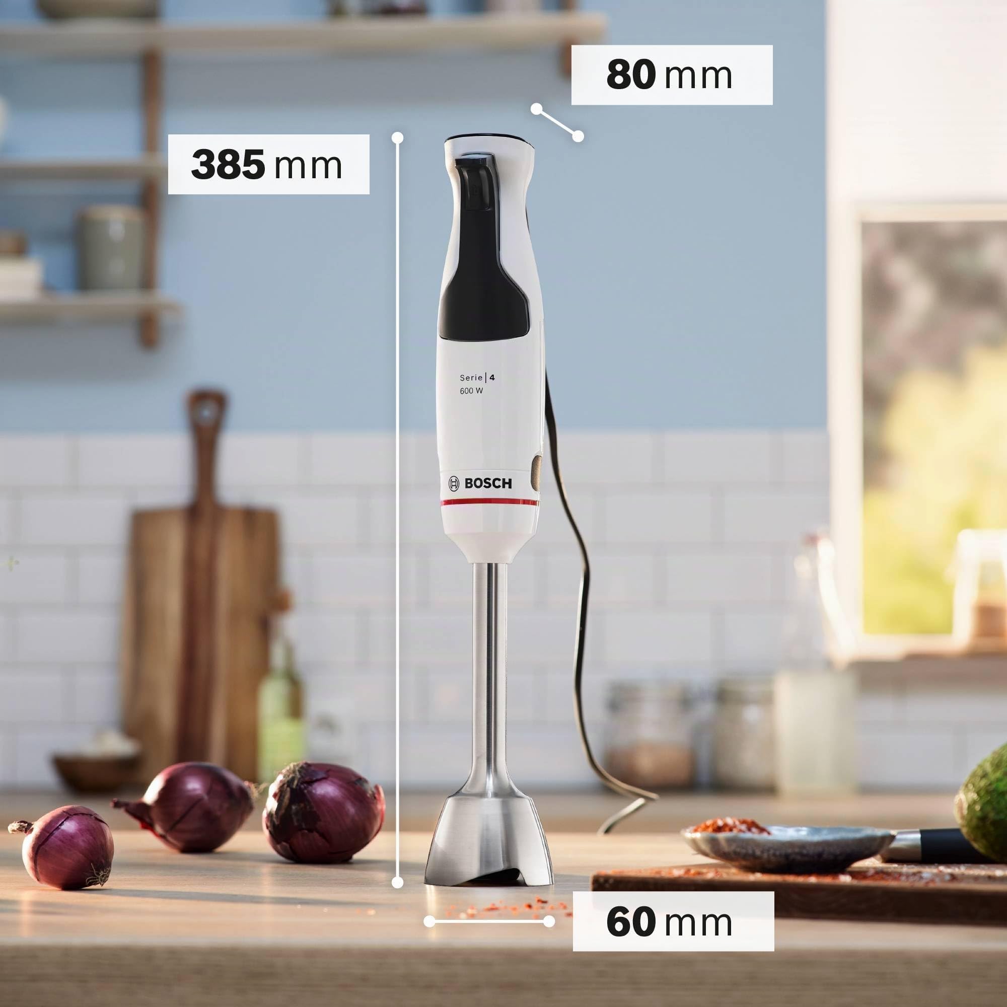 Bosch - Batidora de mano ErgoMaster Serie 4, 600 W, Control de velocidad con una mano, Cuchillas QuattroBlade, Vaso medidor incluido, Blanco, MSM4W220