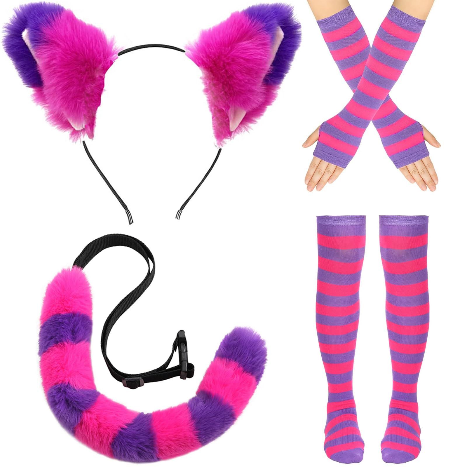 Gatwrmth Purple Pink Striped Cat Costume Set  Cat Ears Headband, Cat Tail, Arm Warmers & Knee-High Socks  Fancy Dress Outfit for Women & Adult, Halloween, Cosplay, World Book Day