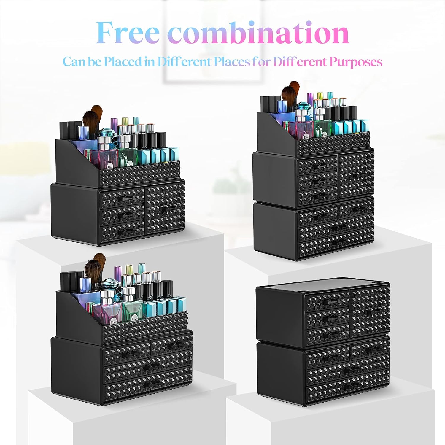 3 Pack Makeup Organizer Stackable[Upgraded], Acrylic Cosmetics Storage Cases with 8 Drawers Perfume Organizers For Brush Holder or Jewelry Display,Plus Size,Best For Vanity,Bathroom or Countertop