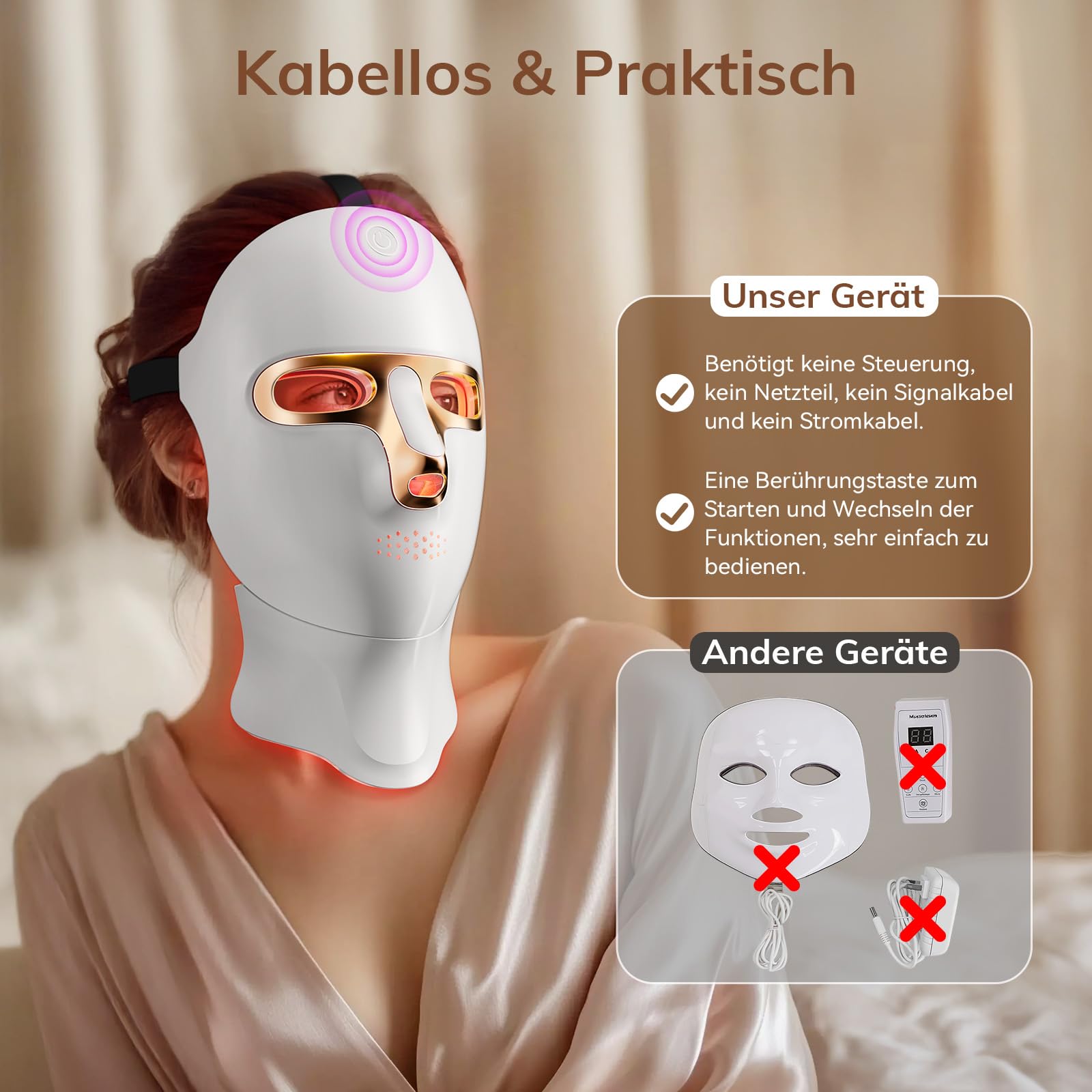 ONLUKY LED Maske Gesicht Anti-Aging Rotlicht-Therapie mit Infrarot, USB-C-Ladung, 120 LED, inkl. Halsaufsatz, Gold