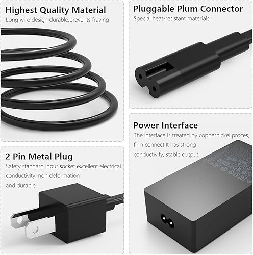 Miniatura 3 de Cargador Surface Pro de 65 W para Microsoft Surface Pro 9, 8, 7, 6, 5, 4, 3, Surface Pro X 1796 1769 1800 Cable de alimentación para portátil