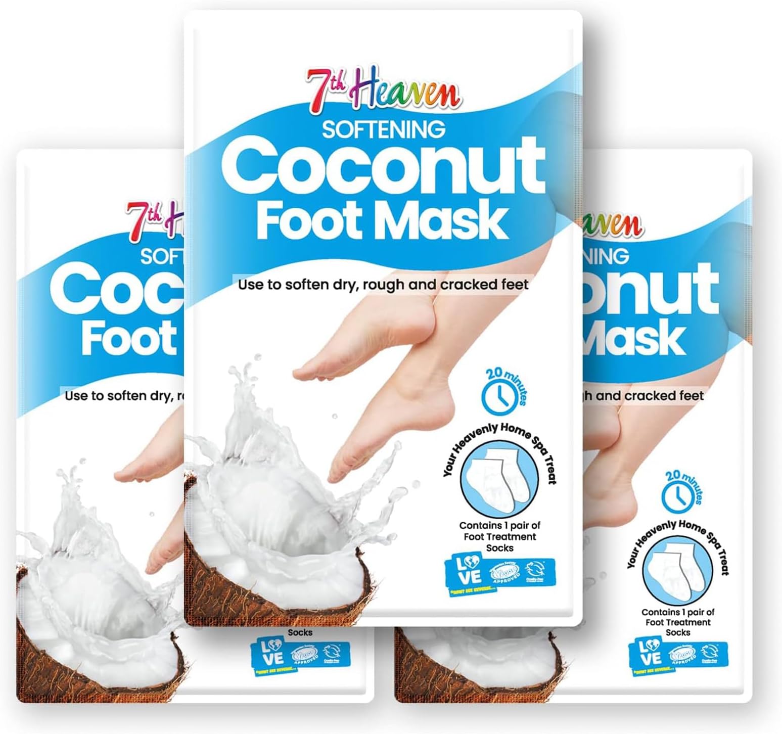 Foot Mask Multipack of 3 Moisturising Foot Treatment Socks โ Softening & Nourishing Mask for Dry & Cracked Feet โ Infused with Coconut & Shea Butter โ At Home Spa Skincare
