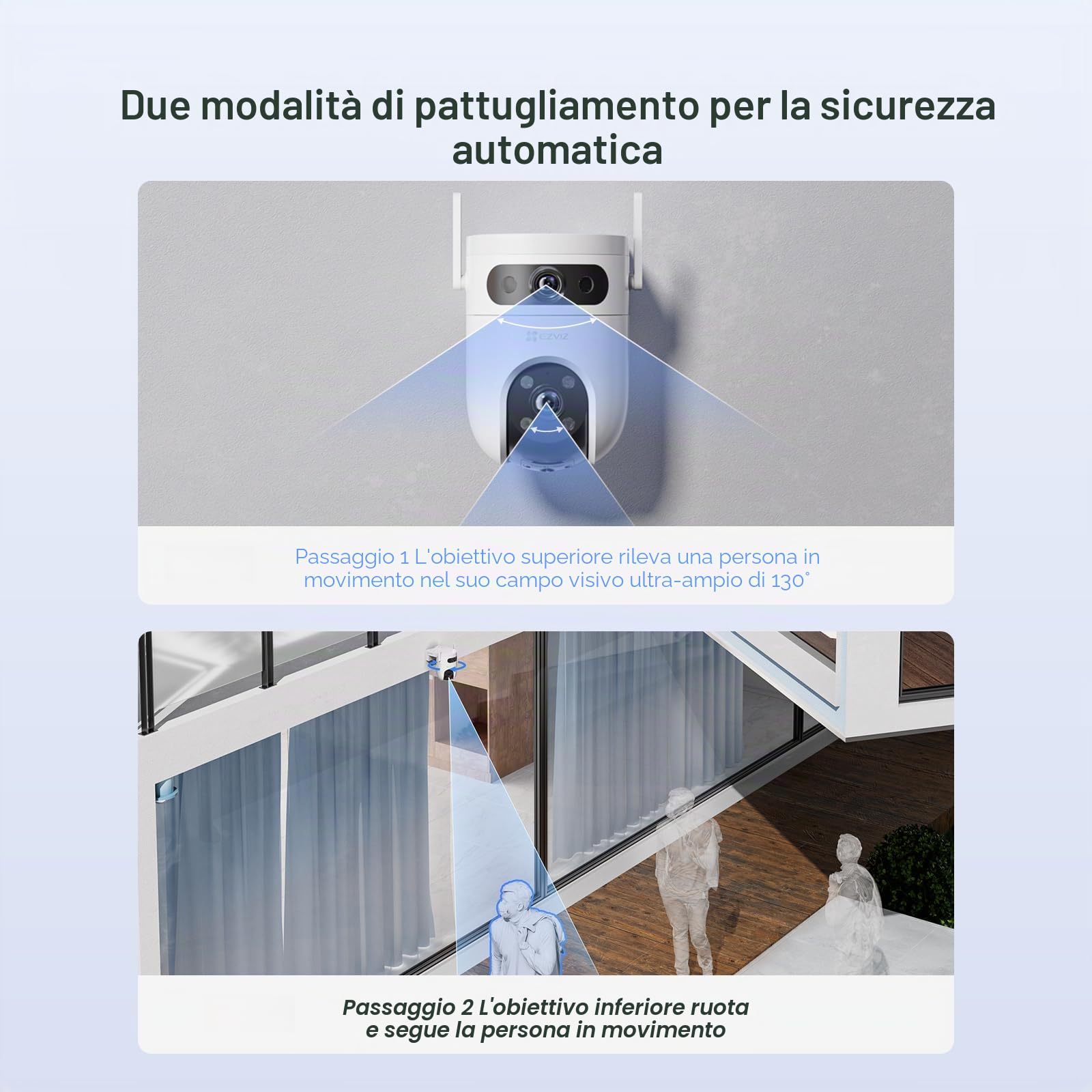 EZVIZ H9C 2K+2K Telecamera di Sorveglianza WiFi Esterna a Doppio Obiettivo, 360° PTZ, Tracciamento Automatico, Rilevamento di Forma Umana/Veicolo, Difesa Attiva, Visione Notturna a Colori 40M, Audio
