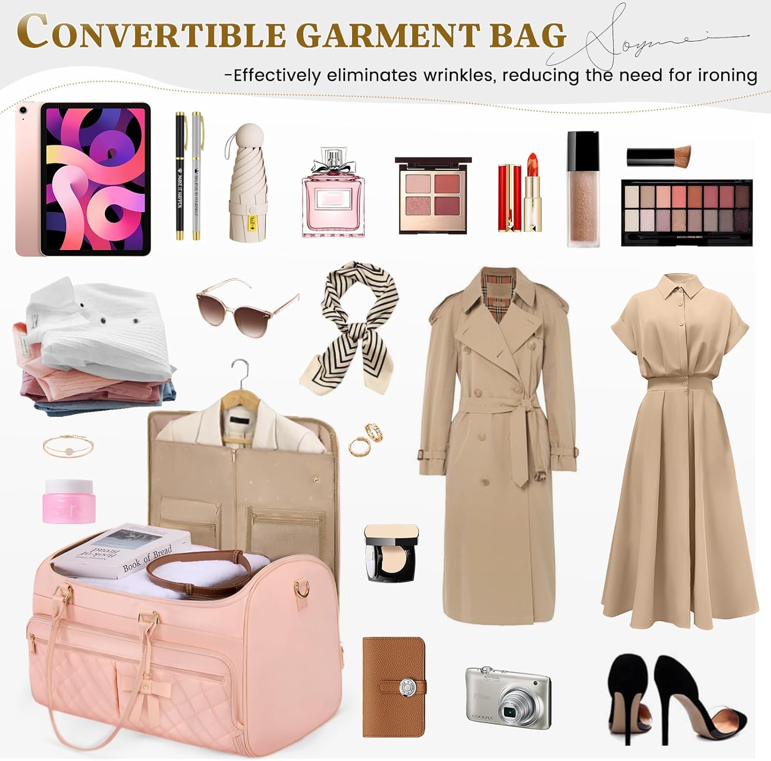 RAINSMORE Garment Bags for Travel Women Convertible Garment Duffle Bag for Hanging Clothes, Large Carry On Garment Bag with Shoe Bag & Wet Pocket, Foldable Dress Suit Business Travel Weekender Bags