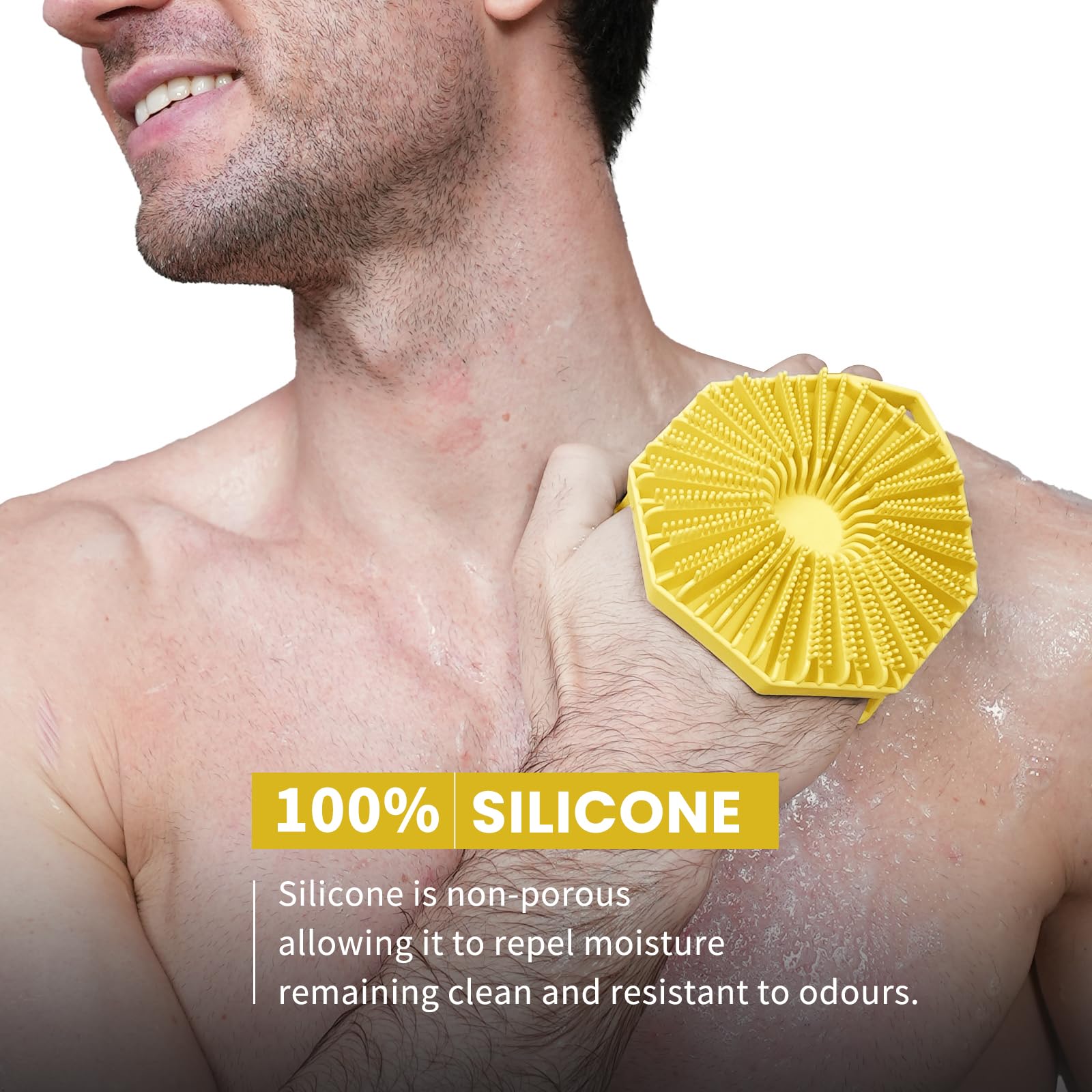 2-in-1 Silikon-Körperschrubber, doppelseitiges Design, Körperbürste, Silikon-Körperschrubber, Peeling-Körperbürsten für alle Haut, zum Duschen, schäumt gut – Gelb