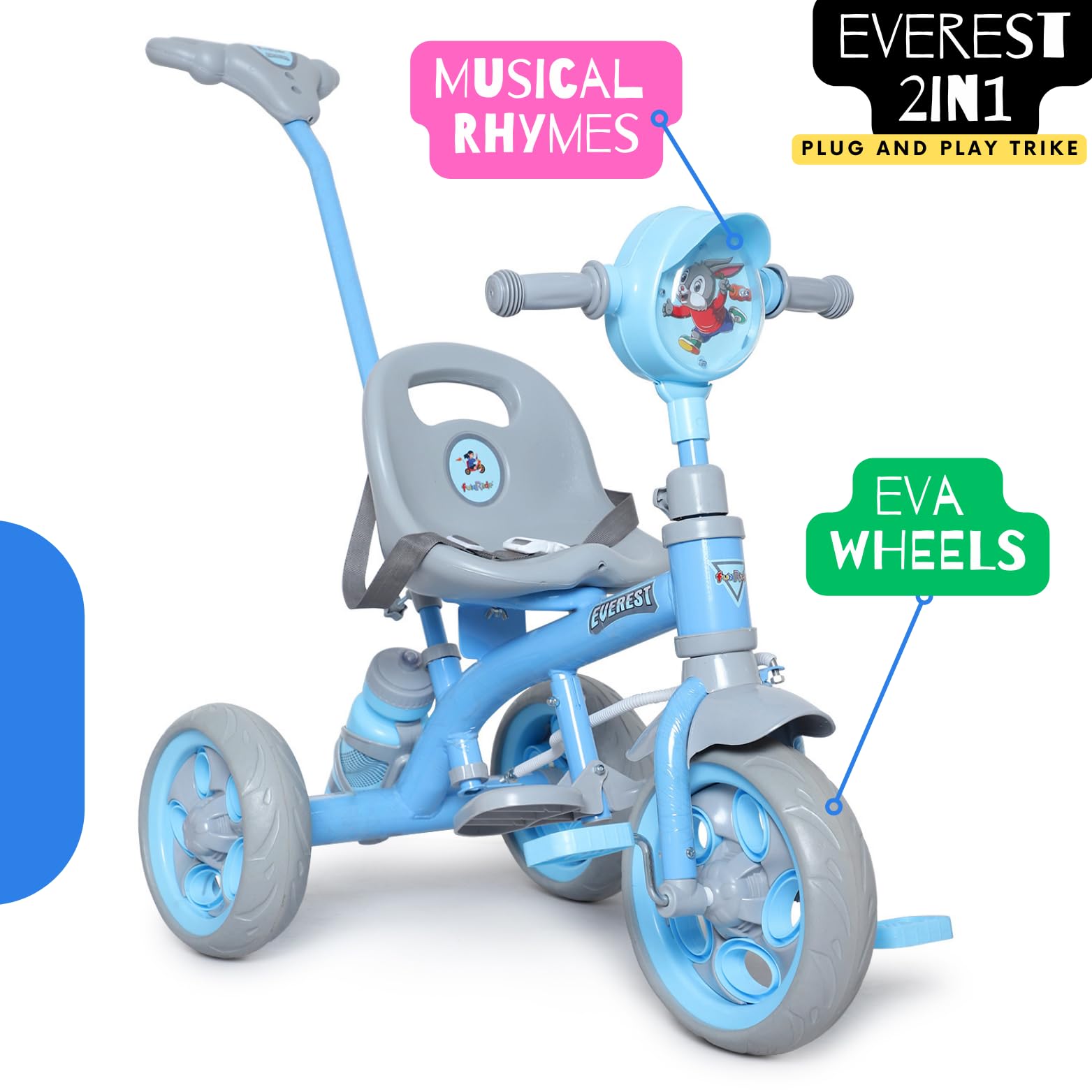 Fun Ride Tricycle Kids Musical Plug And Play Parental Control Handle For 1 To 5 Year-Sipper,Seat Belt,Eva Tyre -Trike For Indoor And Outdoor-Boys And Girls Up To 25 Kg- Made In India (Blue) 2