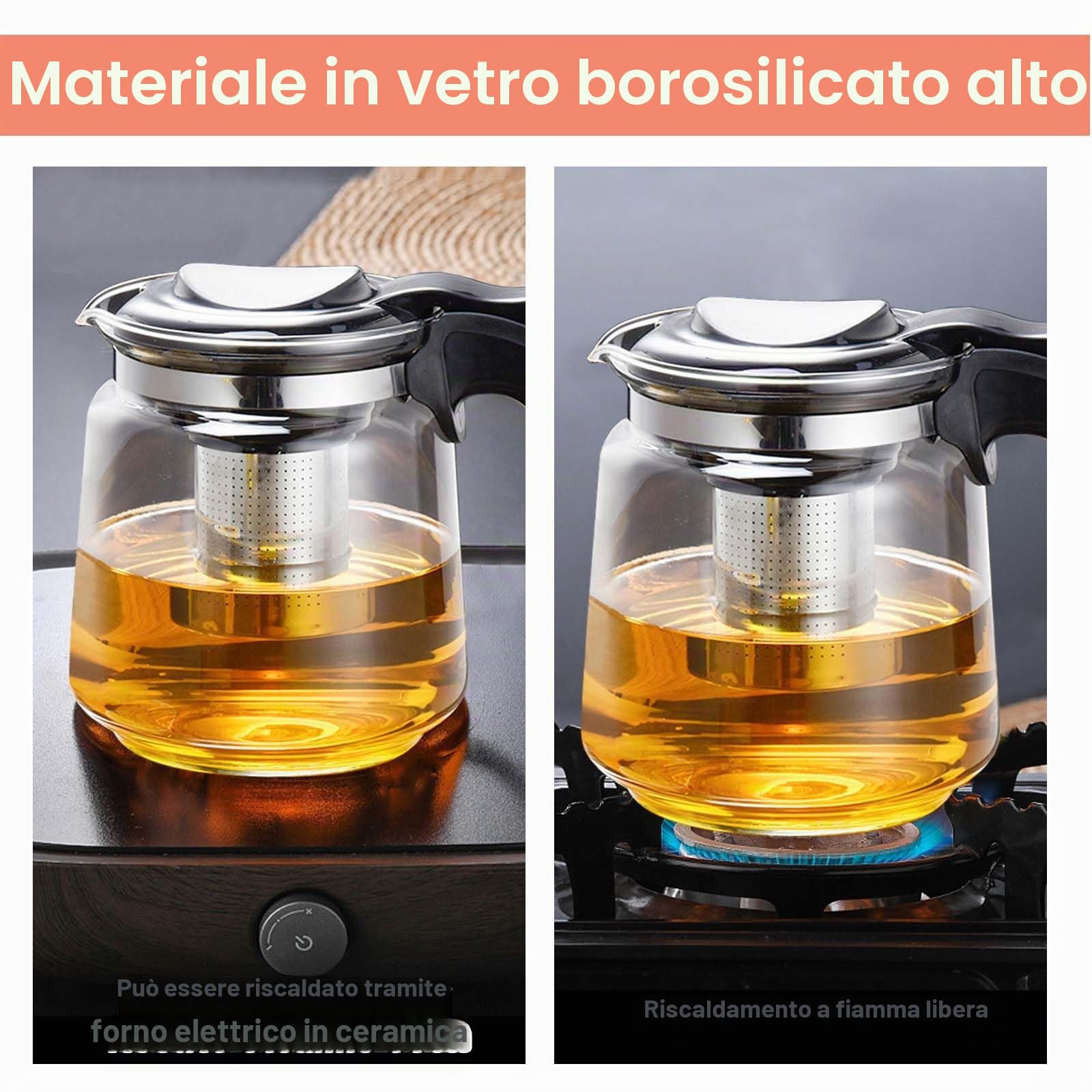 Teiera in vetro di alta qualità, 1,5 l, con coperchio, resistente al calore, con infusore in acciaio inox, per preparare tè sfusi
