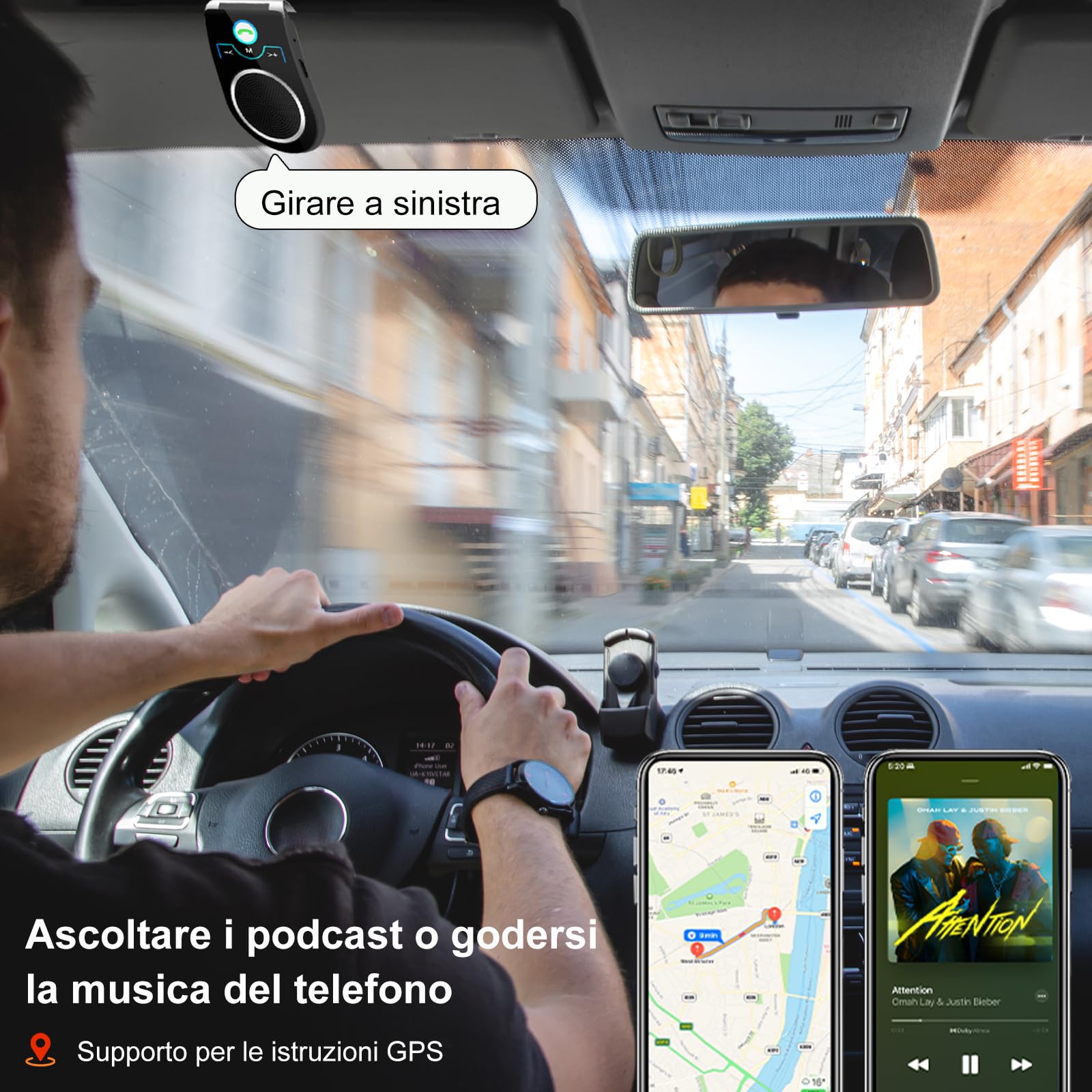 Kit Vivavoce Bluetooth 5.0 per Auto, Microfono Integrato,Vivavoce da Auto Bluetooth per Chiamate Viva Voce, Musicale, GPS, Connettività Dual Link, iOS Siri e Vocale Assistant