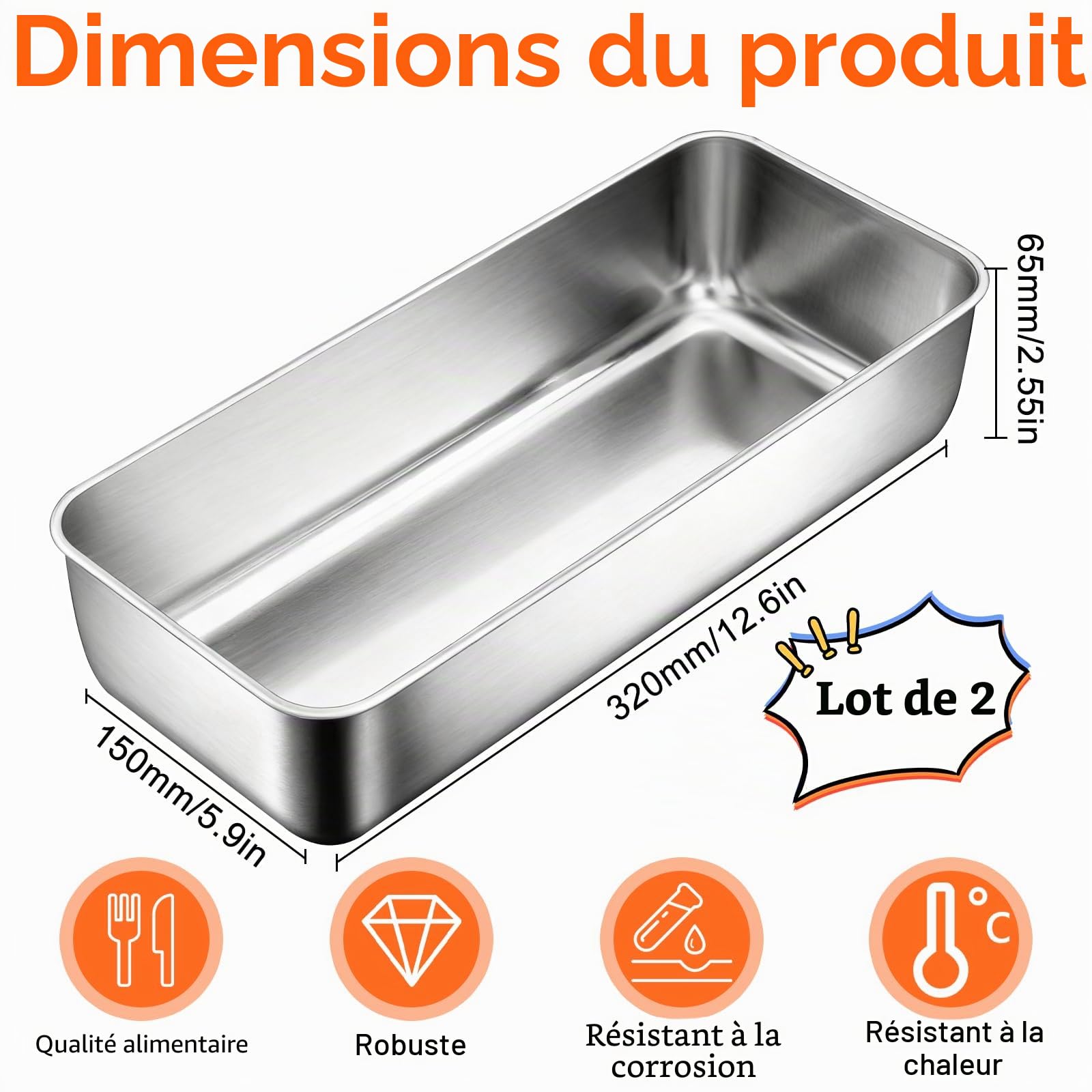 Lot de 2 moules à cake rectangulaires en acier inoxydable - 32 x 15 x 6,5 cm - 3,2 l - Pour gâteaux, pain et toasts, résistants au levain - Passe au lave-vaisselle