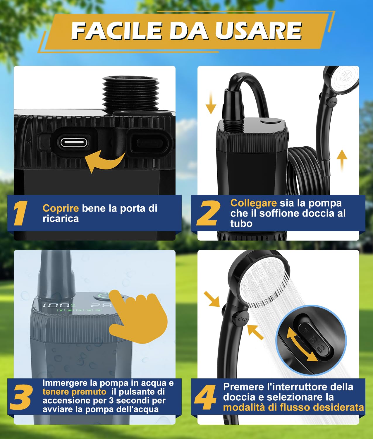 WADEO Doccia Portatile Campeggio con Secchio Pieghevole 20L, Acqua Calda, Pompa Ricaricabile a 5 Velocità con Display LED, 4 Modalità di Getto per Camper, Viaggi, Auto, Animali Domestici