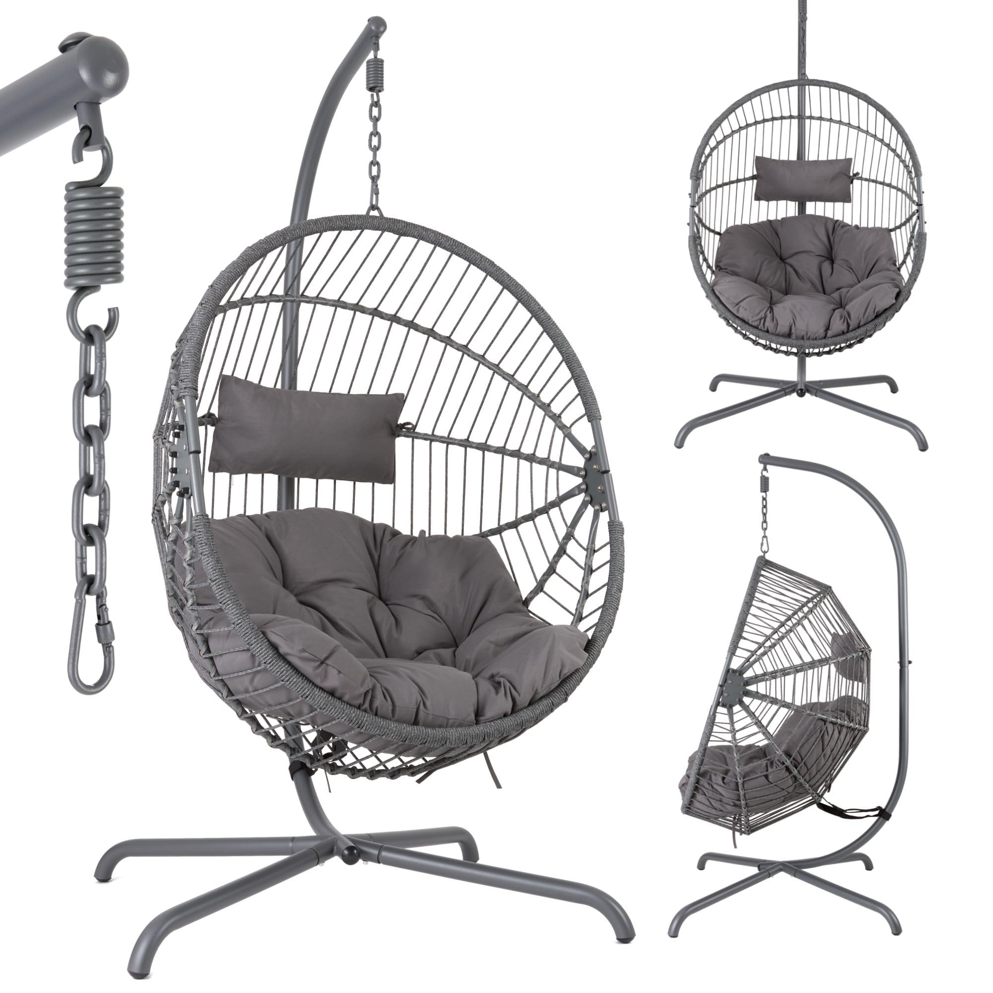 Arebos Silla Colgante de Jardín con Soporte, Sillón Huevo Exterior e Interior, Altura Regulable 160-180cm, Hamaca con Estructura de Acero 130kg, Incluye Cojines Relax para Terraza o Balcón, Color Gris