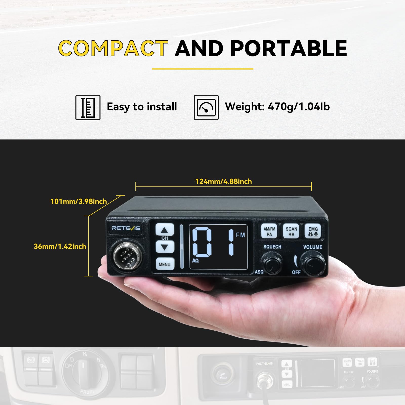 Retevis MB63 CB Radio, CB Radio Kompletny z Anteną, Wyświetlacz LCD, AM/FM, VOX, SQ/ASQ, EMG CH9/19, CB Radio Ręczne do Samochodu (1 Sztuk, Czarny)