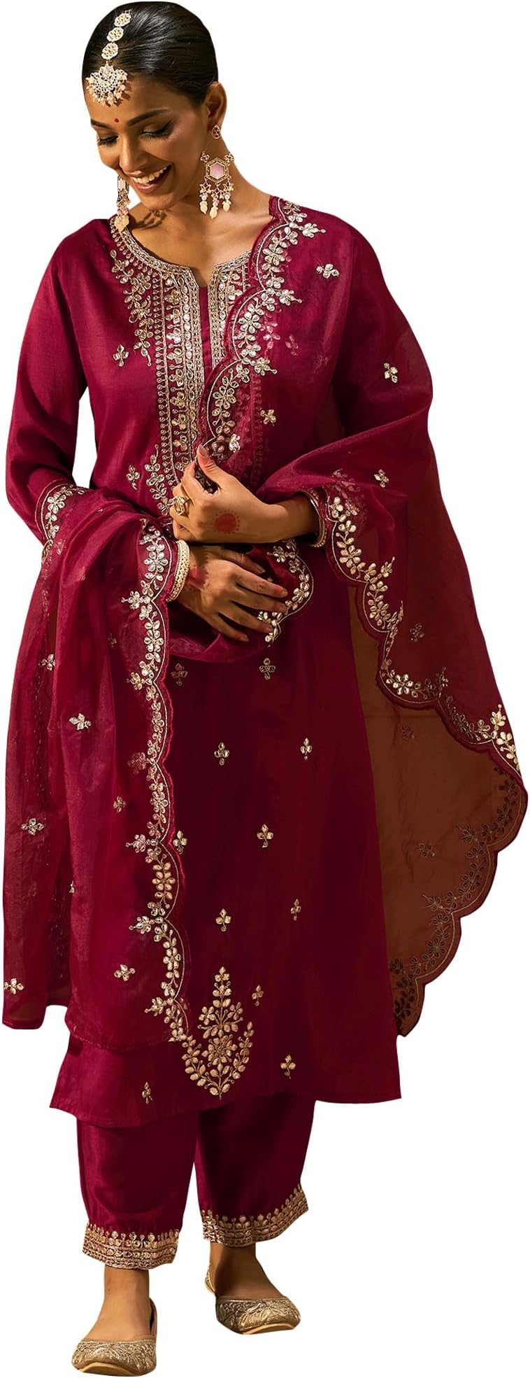 INDO ERAWomen's Embroidered Silk Blend Straight Kurta Pant With Dupatta Set (Kh9Bp6009)