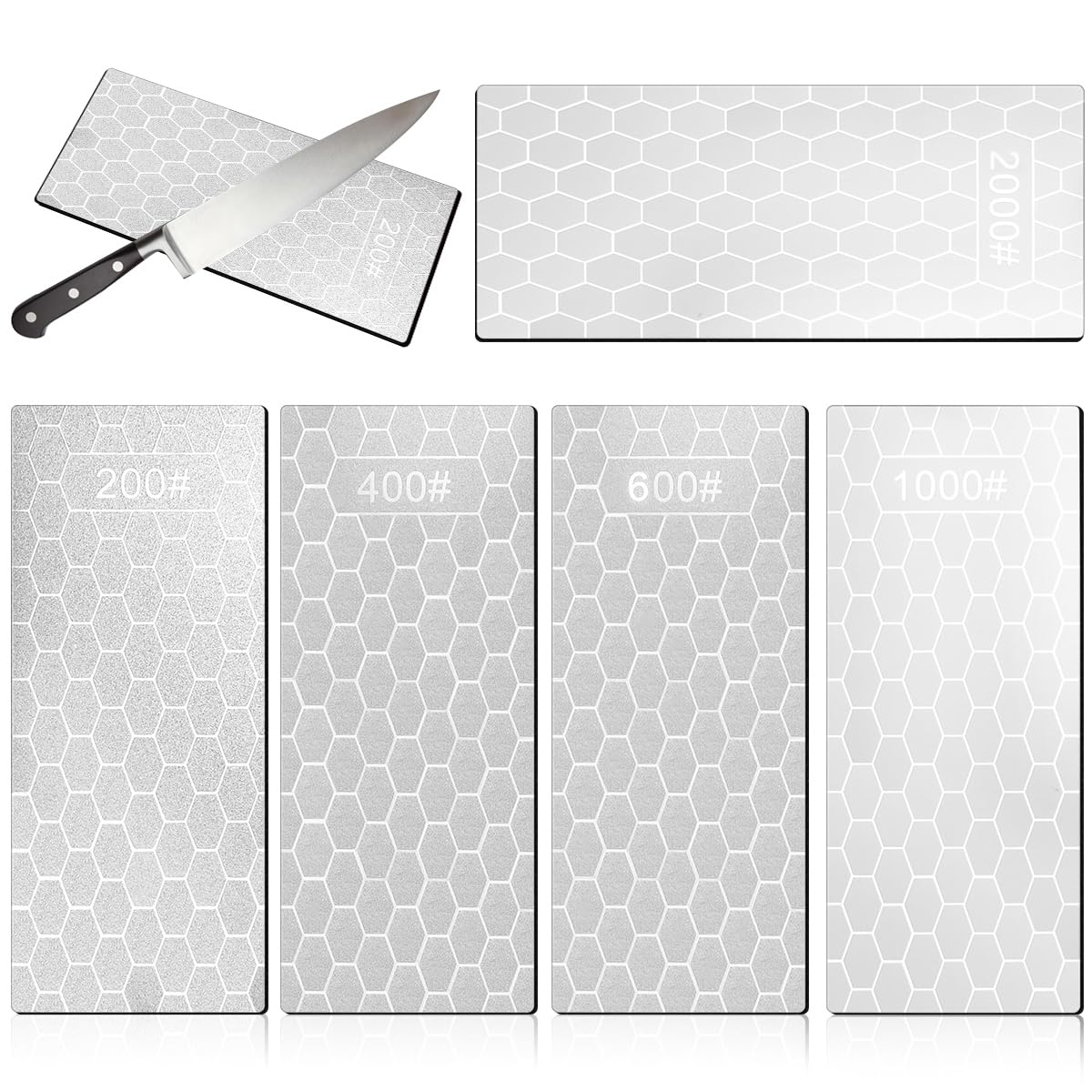 Set di 5 Pietre Diamantate per Affilatura，Pietra Affilature a Nido d'Ape, Pietra Affilatura Doppia Faccia per Cucina, Giardino e Utensili Esterni, Grana 200/400/600/1000/1200 (15.2x6.4 cm)