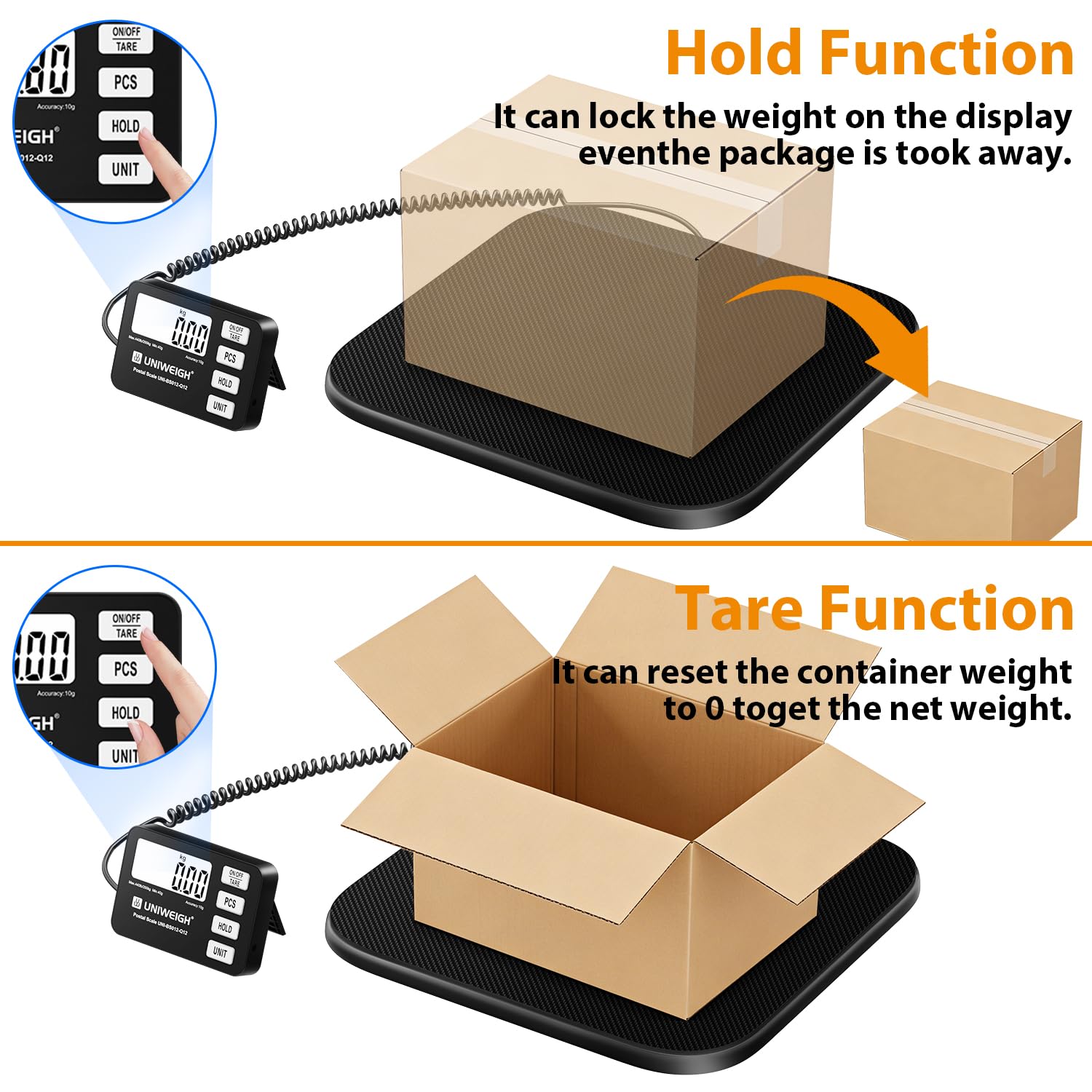 GRAM PRES Báscula de envíos digital de 200 kg/10 g con pantalla LCD, funciones de retención/tara/piezas para paquetes/equipaje/oficina de correos/perro, batería y cable USB incluidos