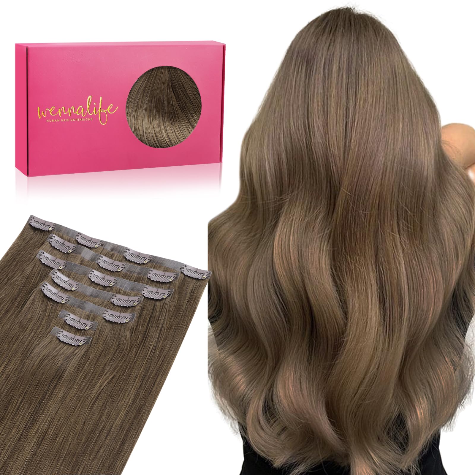 WENNALIFE Seamless Clip In Hair Extensions Human Hair, 16 Inch 130g 7pcs Light Ash Brown Real Hair Extensions Clip in Human Hair Invisible PU Skin