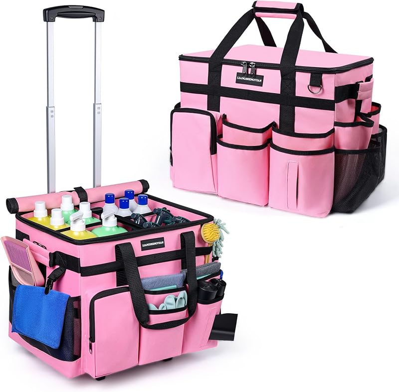 Bolsa de limpieza extra grande con ruedas, cestas de limpieza con carrito desmontable para amas de casa, organizador de suministros de limpieza resistente al agua con ruedas para cocina, auto