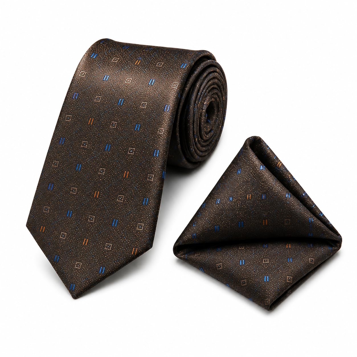 Men's Brown Geometric Tie and Pocket Square Set-image-1