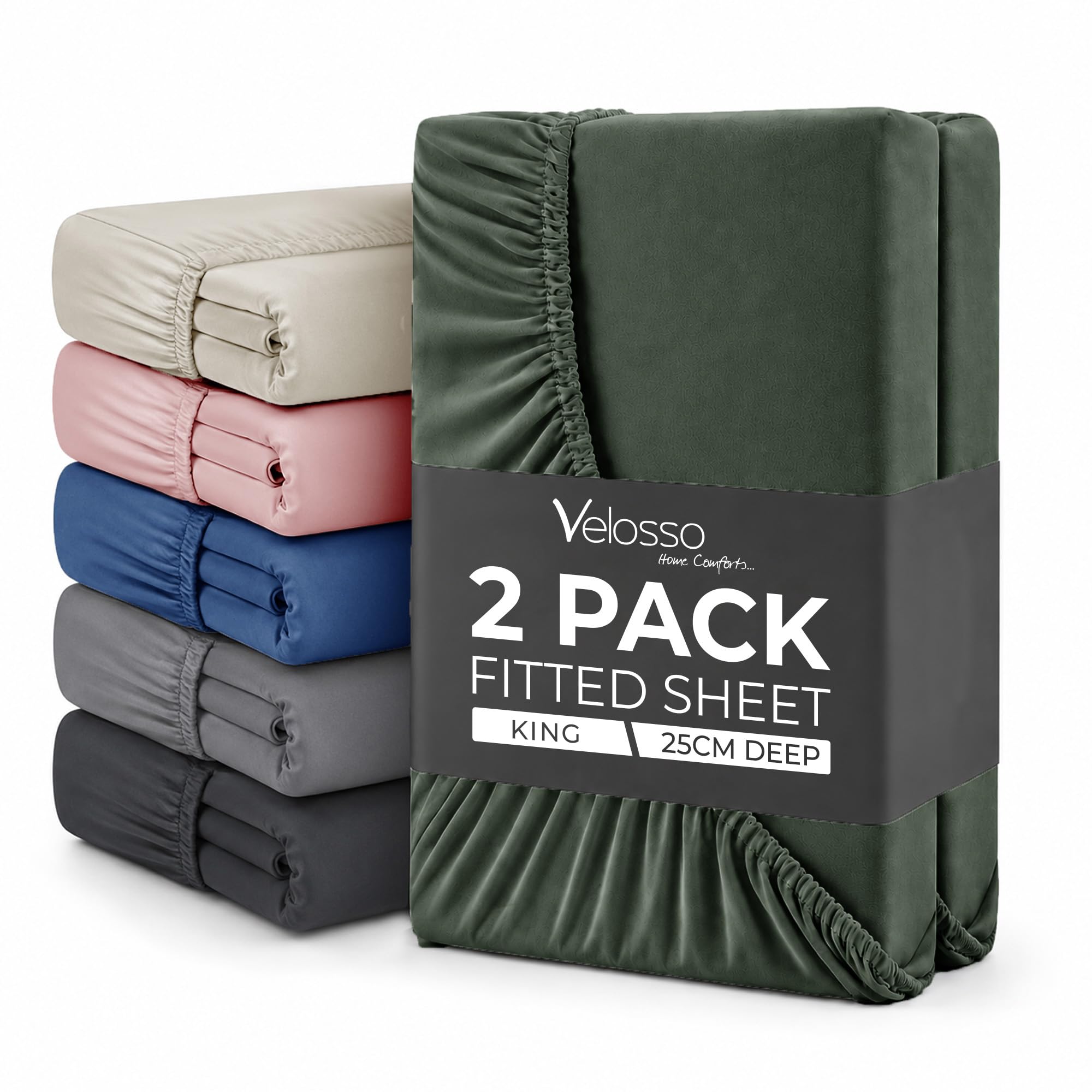 Plain Dye Fitted Sheet 25cms Pocket Soft Brushed Microfibre Fabric Mattress Bottom Bed Sheets (Olive, King 2 Pack)
