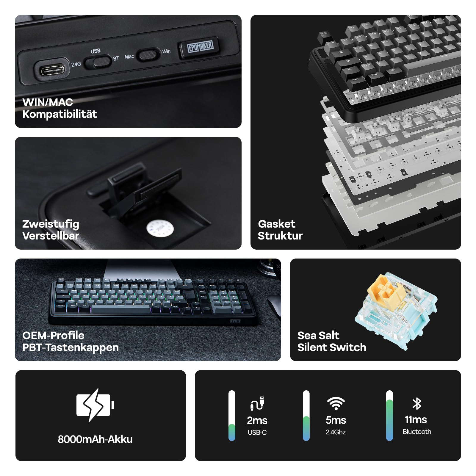 EPOMAKER TH99-ISO-DE German Layout QWERTZ Mechanical Keyboard Wireless, 96% Gaming Keyboard with Numpad, Hot-Swap, RGB, Gasket, BT/2.4G/USB-C, Programming Software (Black, Sea Salt Silent V2)